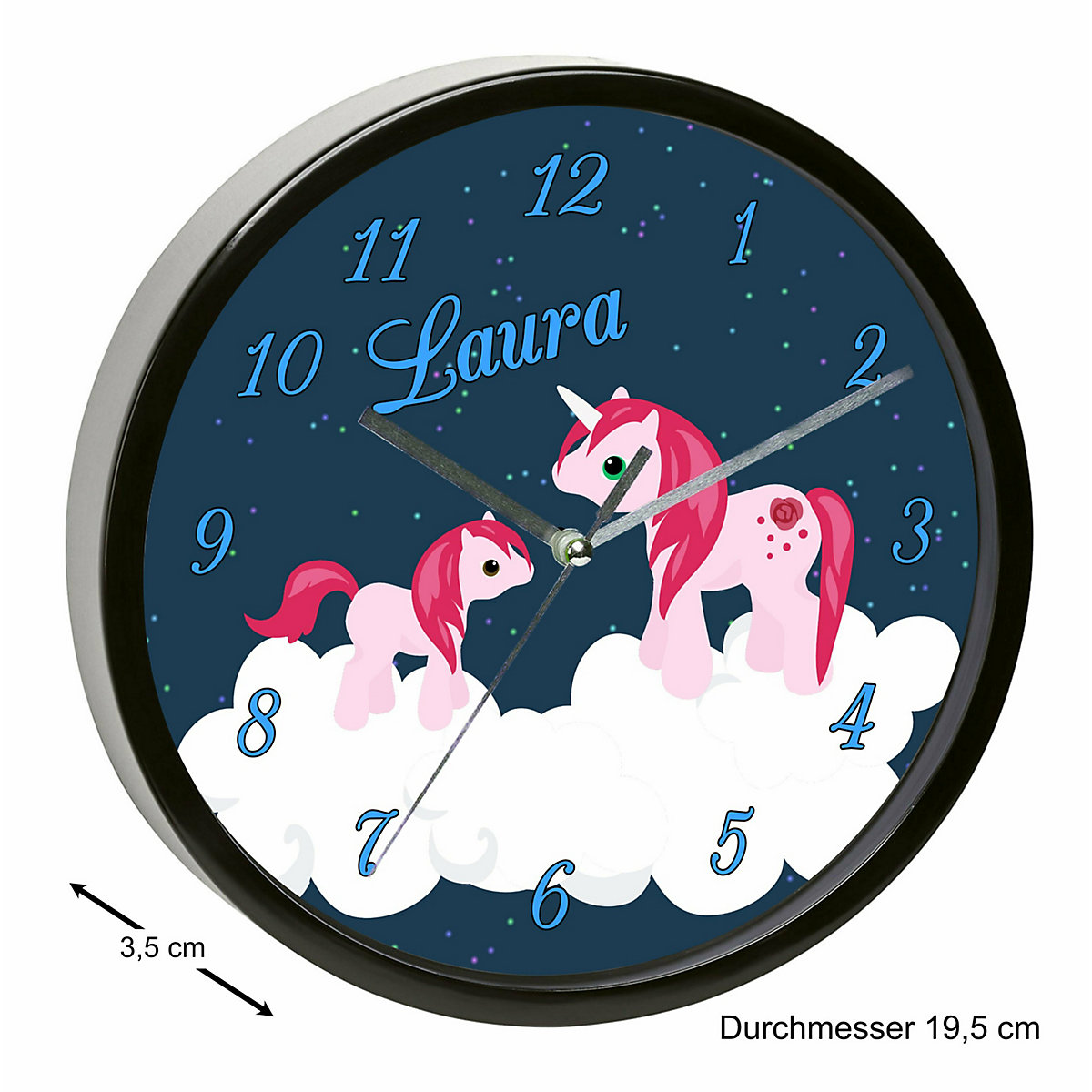 Kinder Wanduhr laufruhig personalisiert mit Name Einhorn