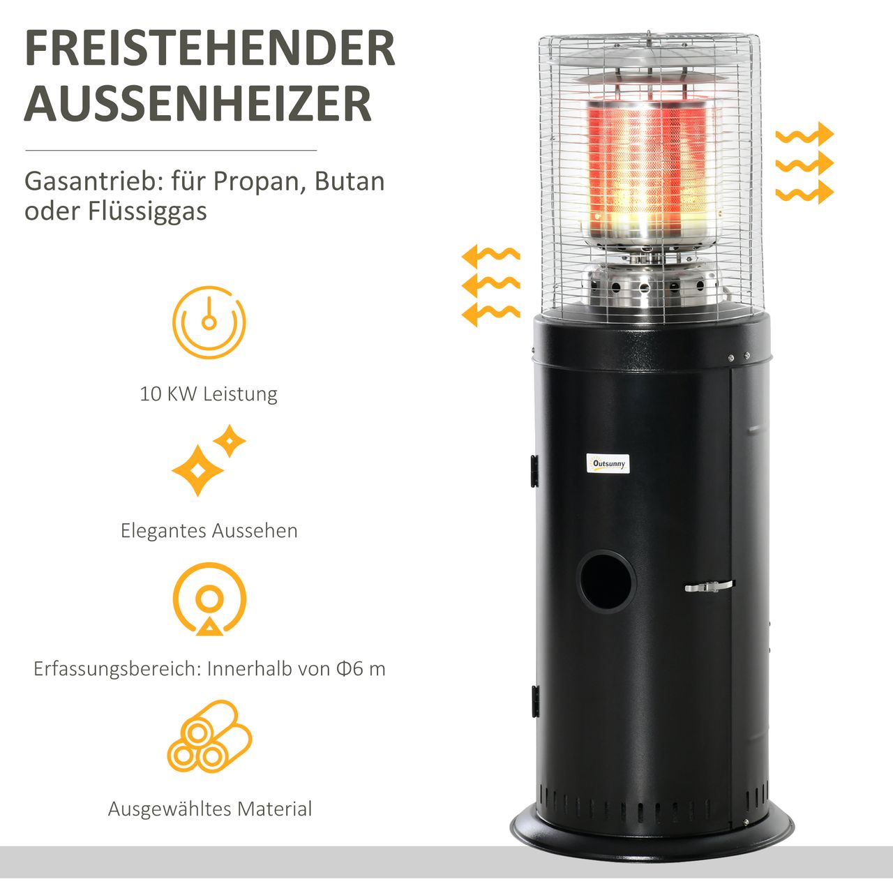 Outsunny Heizstrahler Terrassenheizer mit Handgriff Rädern rollbar Gas 10kW Metall Schwarz Ø55,6 x 143 cm