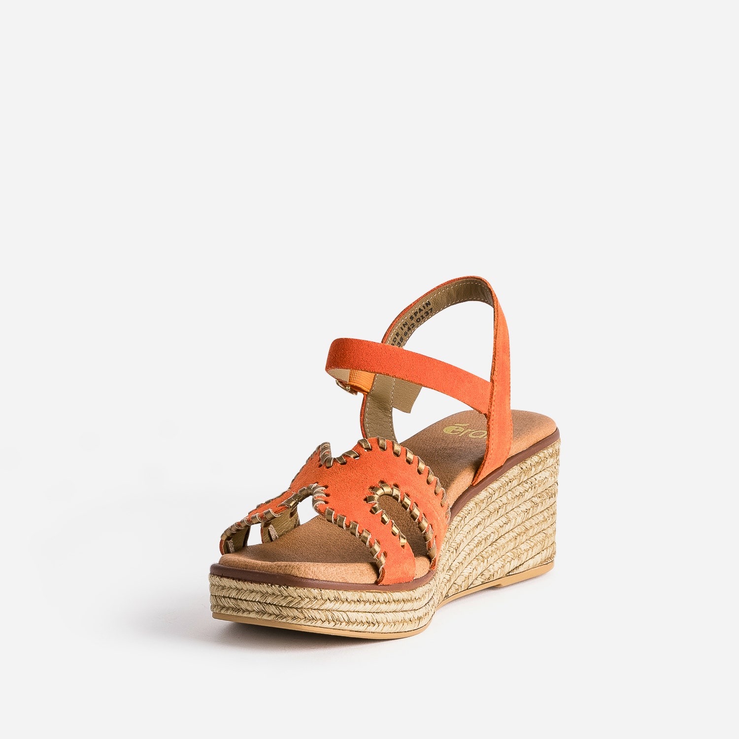Sandale compensée orange cuir velours tressé doré