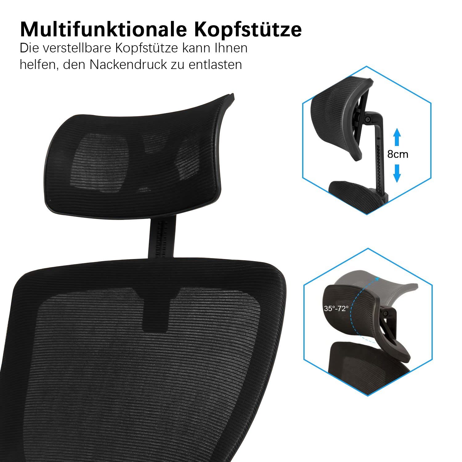 Durrafy Bürostuhl Bürostuhl Ergonomischer, Mesh Drehstuhl, Schreibtischstuhl,Chefsessel, mit Wippfunktion bis 120°, Bürostuhl 150KG