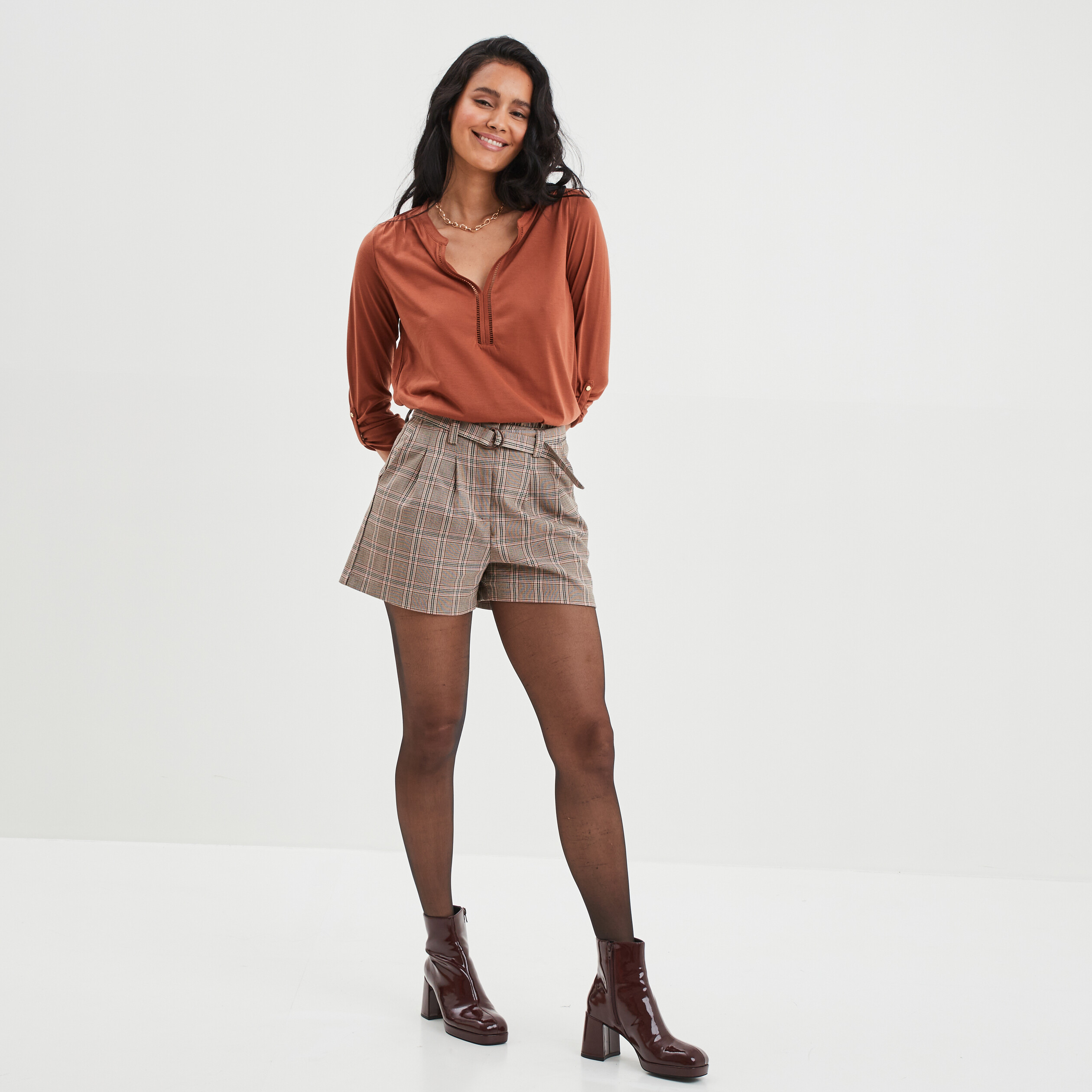 T-shirt manches longues à revers camel femme | La Halle