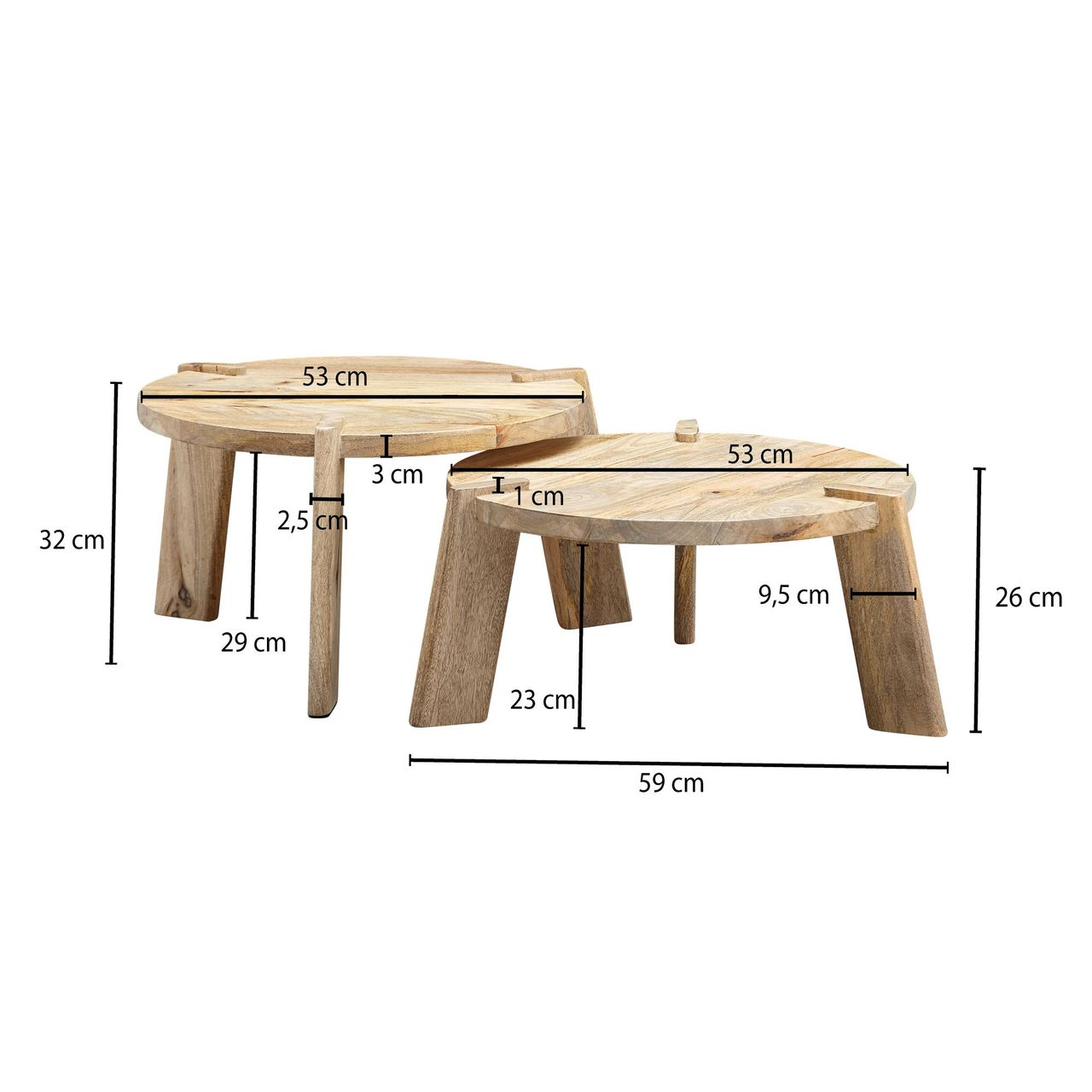 Wohnling Couchtisch 2er Set Mango Massivholz Hell