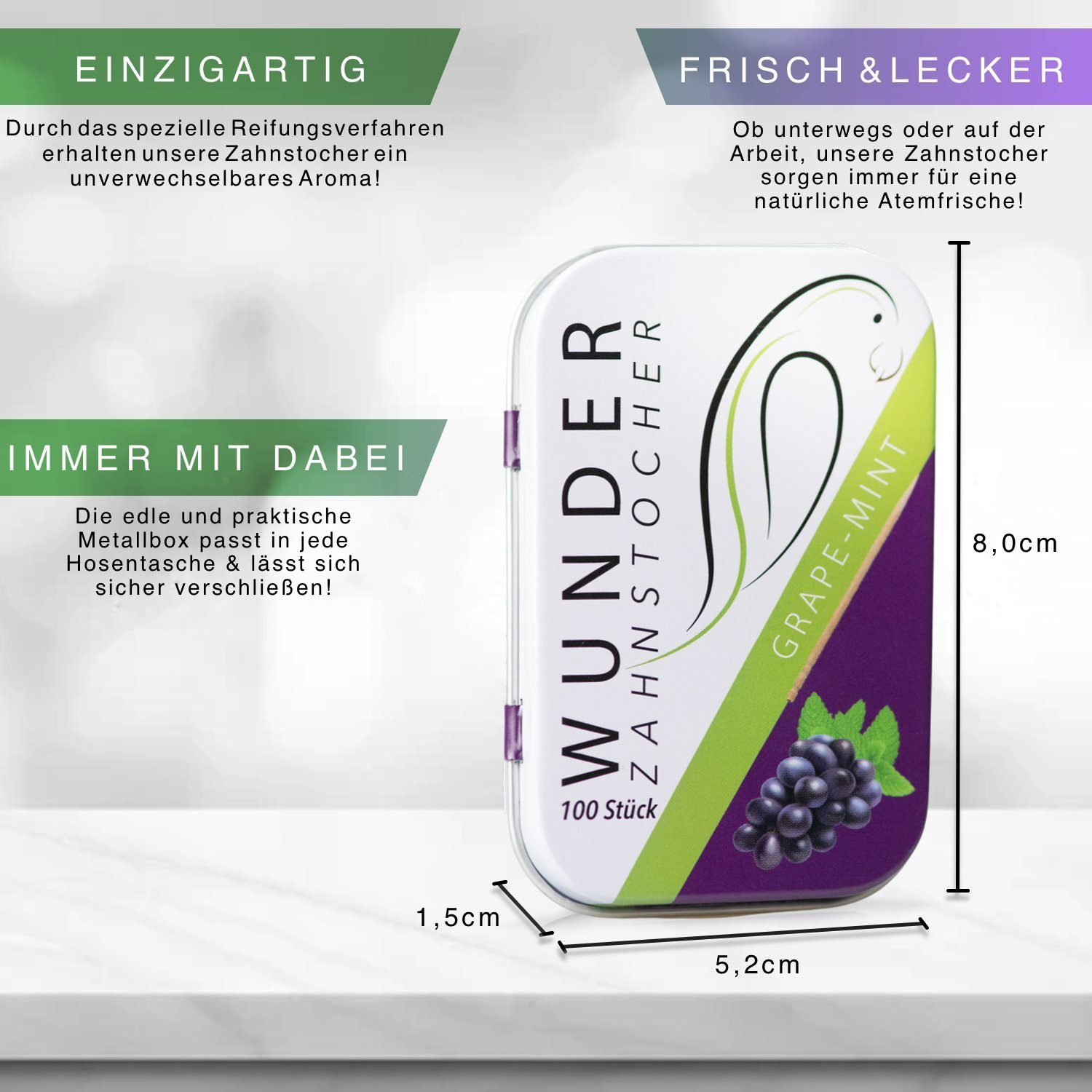 Wunder Zahnstocher Mundpflegecenter Wunder Zahnstocher mit Geschmack - Metalldose - Traube/Minze