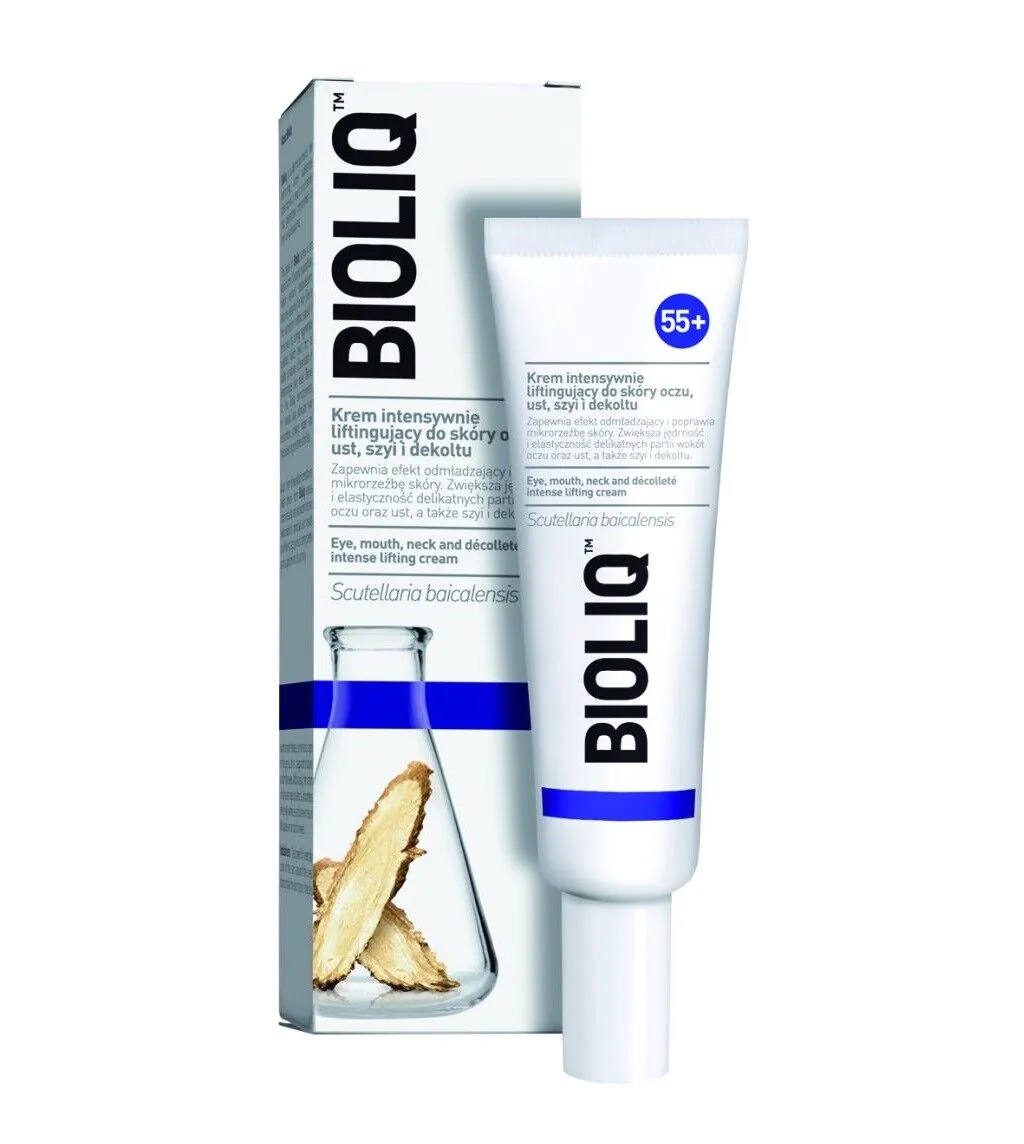 Bioliq 55+ Intensyvaus poveikio stangrinamasis kremas akių, lūpų, kaklo ir dekoltė sričiai