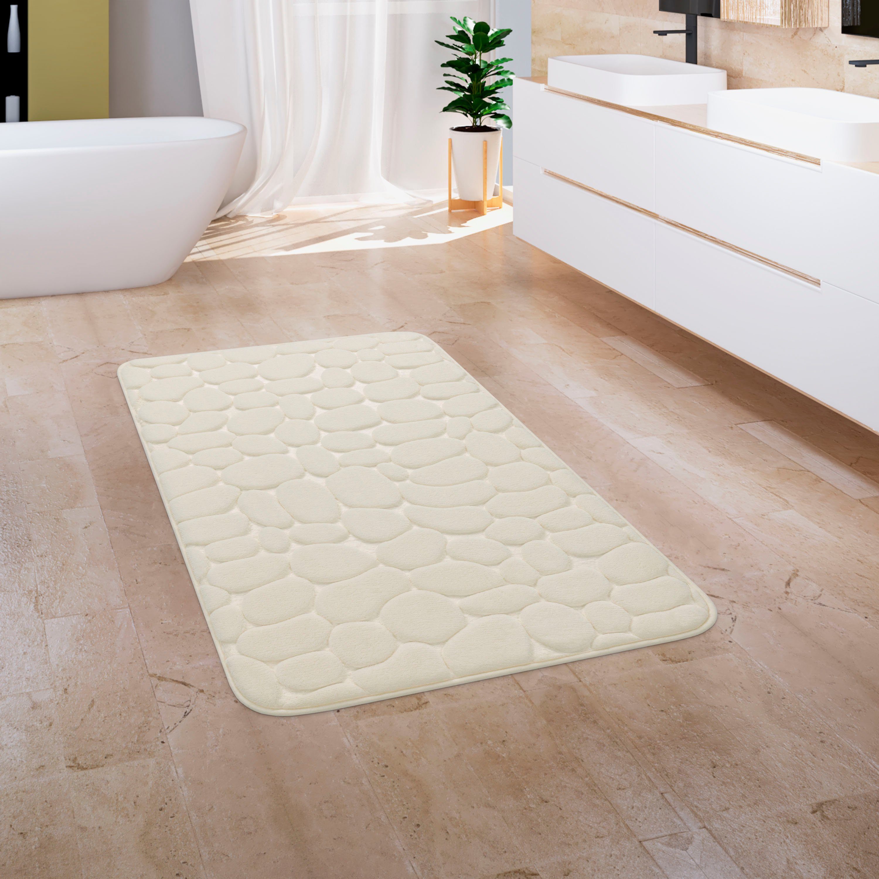 Badematte Corby 256 Paco Home, Höhe 13 mm, rutschhemmend beschichtet, fußbodenheizungsgeeignet, Polyester, rechteckig, Badteppich, Uni Farben, Motiv Steine, Hoch-Tief Effekt