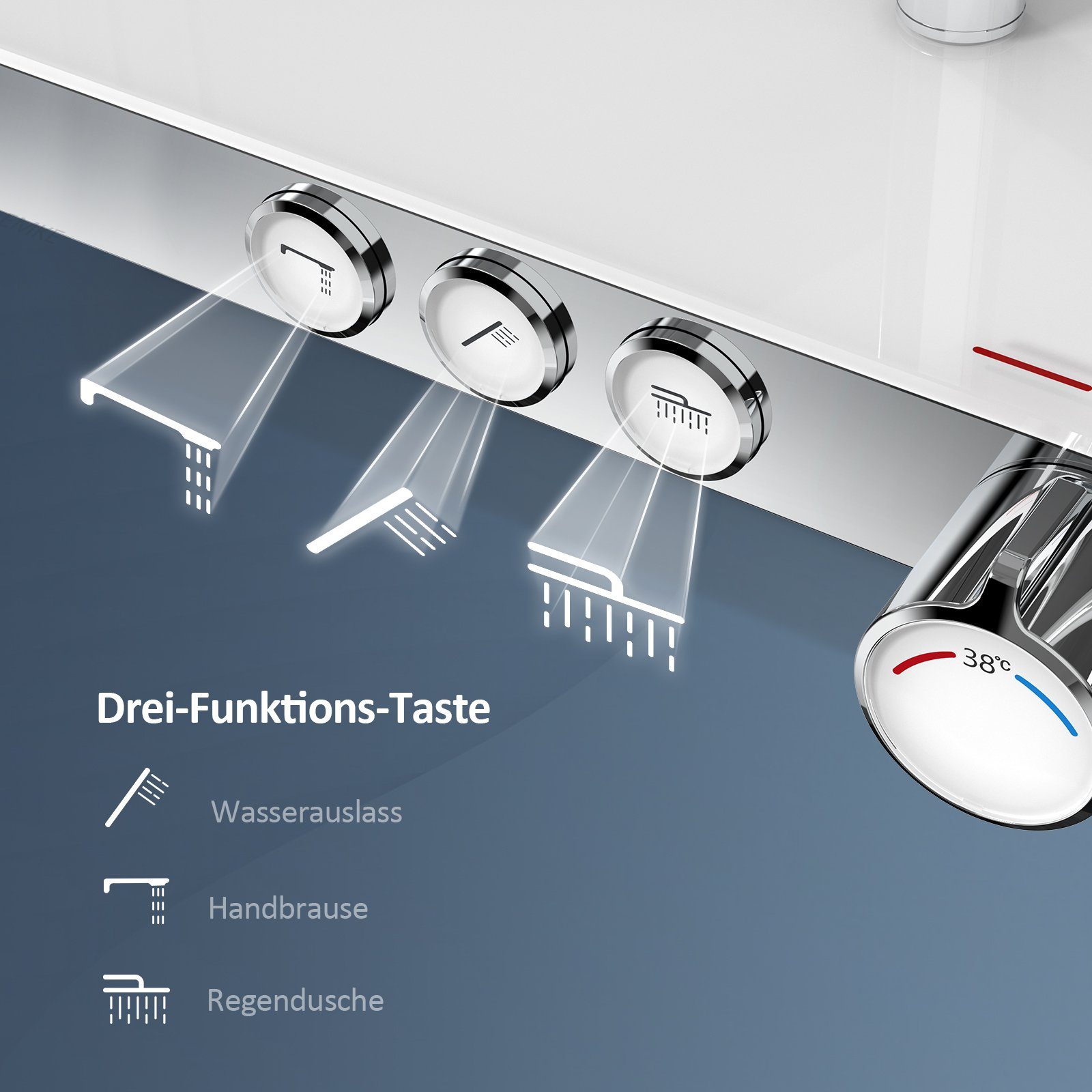 EMKE Duschsystem Duschsystem mit 38℃ Thermostat Glasablage Handbrause Regendusche, 3 Strahlart(en), Wasserauslass Verbrühungsschutz, Wandmontage, Duschamaturenset, Chrom
