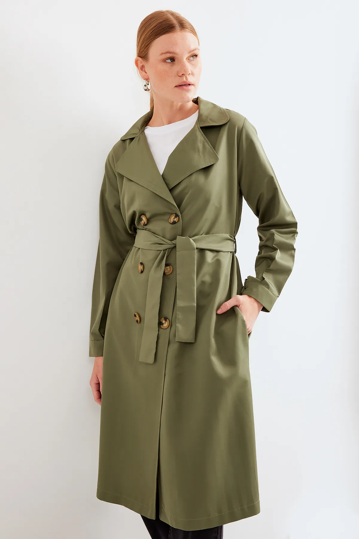 Bigdart  5853 Zweireihiger Trenchcoat mit Kragen – Khaki