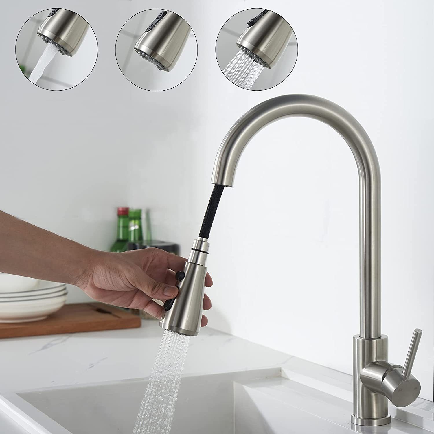 XERSEK Waschtischarmatur Hochdruck Wasserhahn Küche Ausziehbar, küchenarmatur 385mm (Hohe Bogenauslauf 360°schwenkbar, Mischbatterie küche Armatur, aus Edelstahl) 3 Strahlarten (Strahl/Sprüh/Pause)