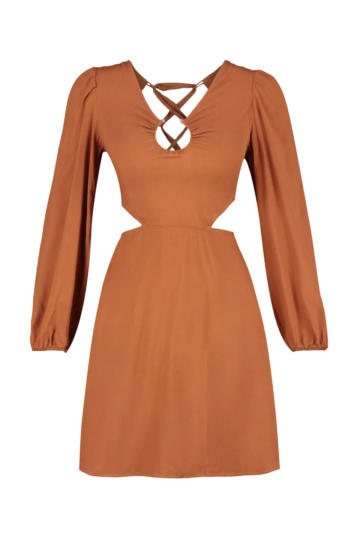 Trendyol Collection  Braunes, figurbetontes, rückenfreies Mini-Strandkleid aus Webstoff TBESS23EL00153