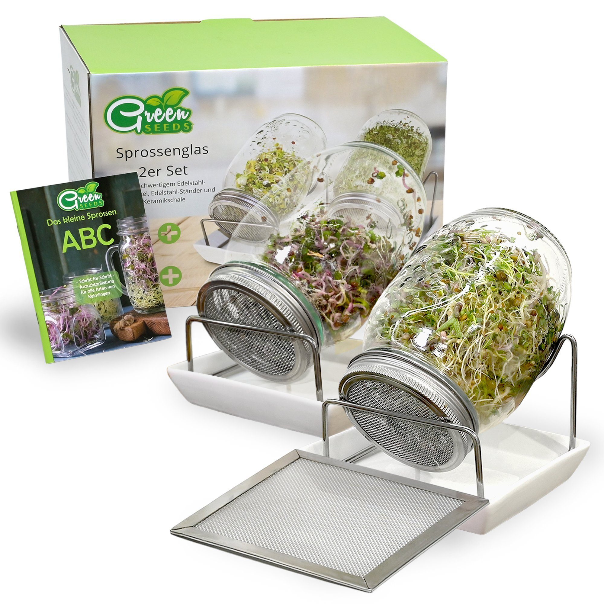 Green SEEDS Anzuchttopf Sprossenglas Keimglas 2er Set 1000ml + KRESSESIEB mit hochwertigem Edelstahl-Gitterdeckel, Ständer, Keramikschale + GRATIS Sprossen-ABC [Druckversion]…