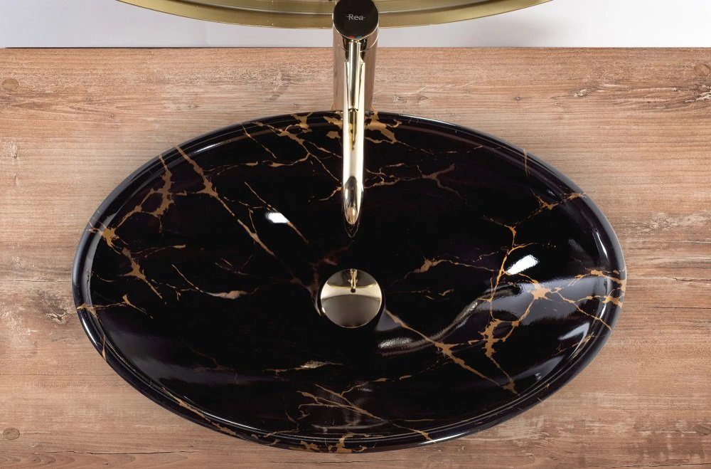 Badezimmer Rea Aufsatzwaschbecken Waschbecken Pamela Black Marble Shiny Marmoroptik 53x33cm
