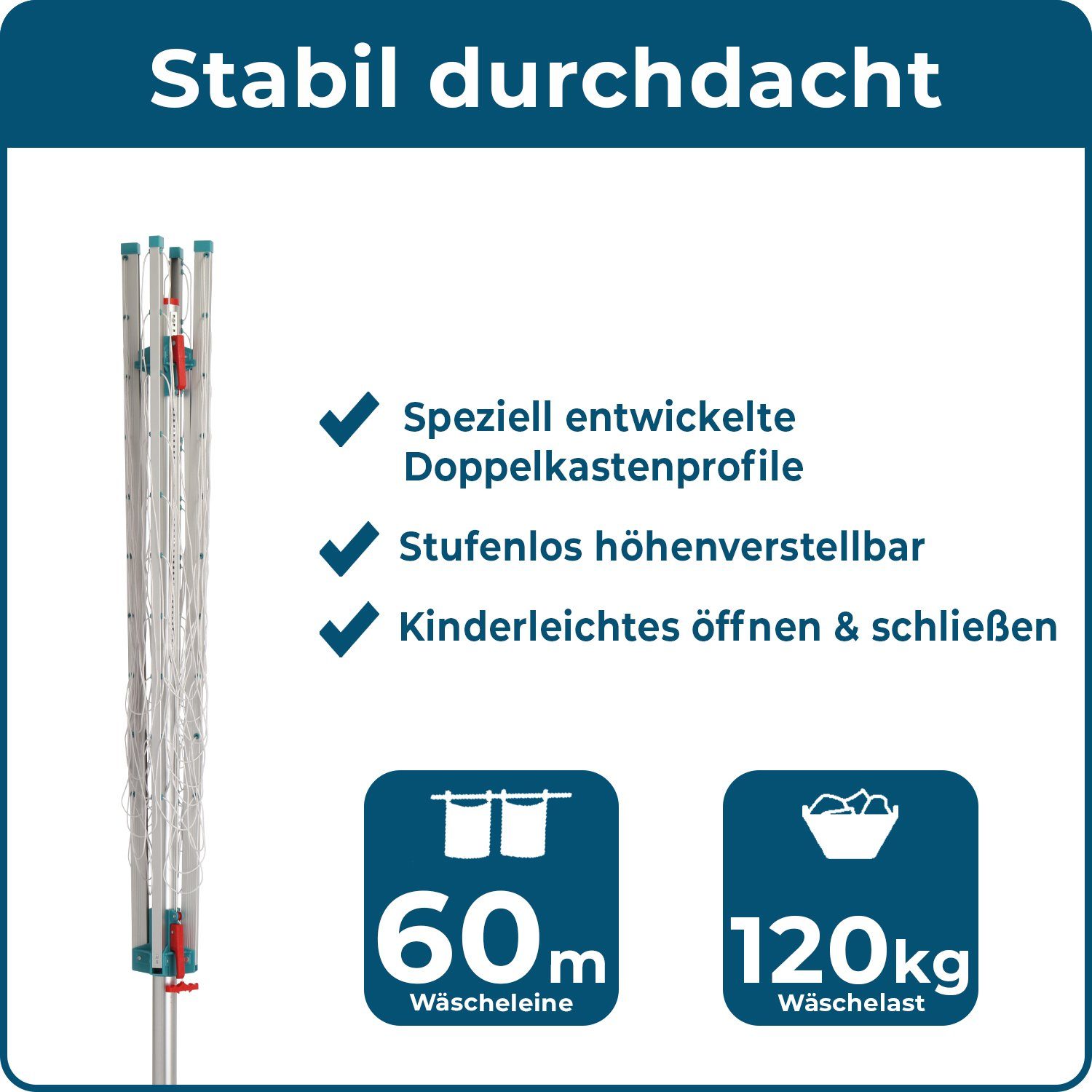 Blome Wäschespinne Primera Light 60 Meter Leine, Wäsche Spinne inkl. Eindrehhülse, made in Germany