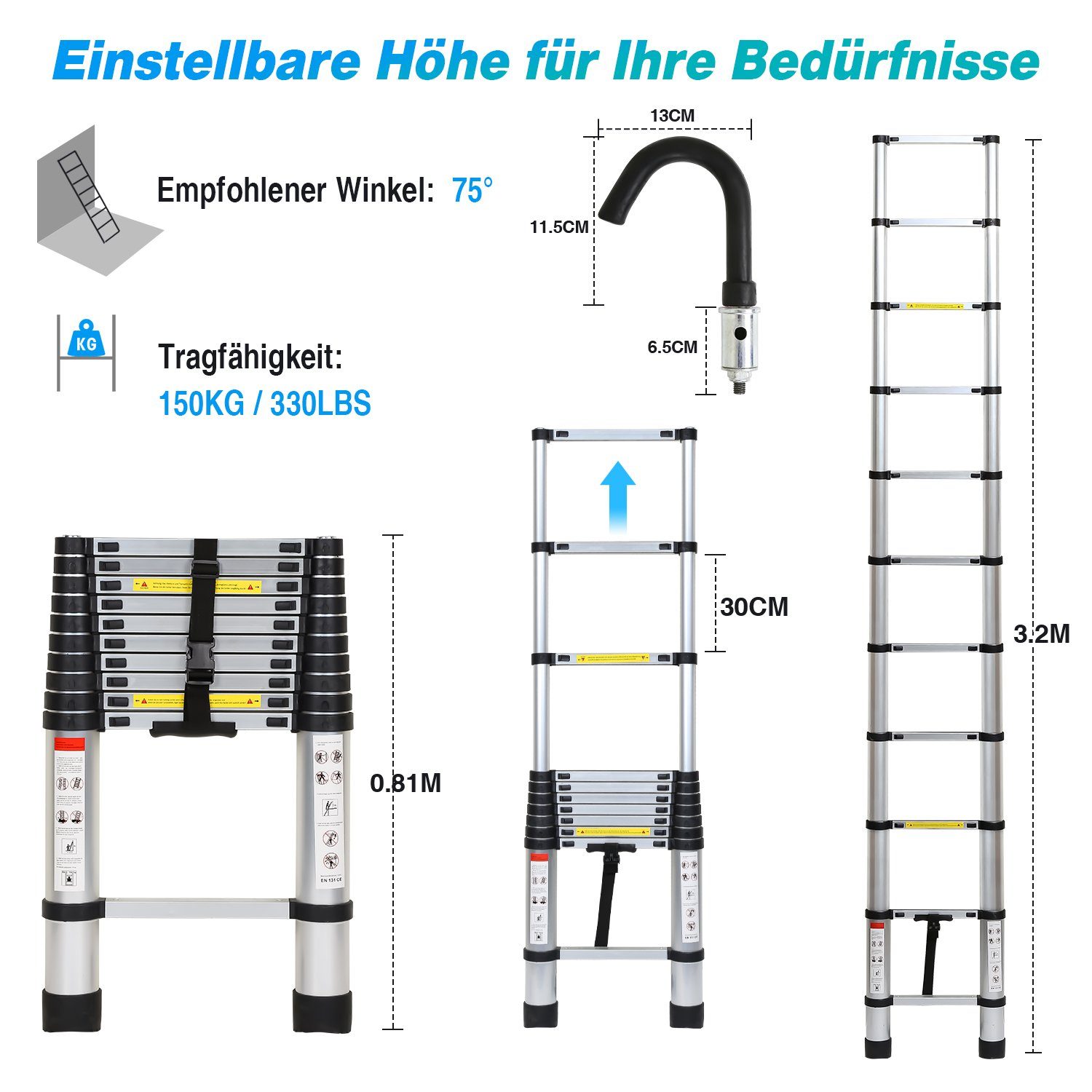Yakimz Teleskopleiter Teleskopleiter Alu 3.2m Ausziehleiter Anlegeleiter mit haken Silber