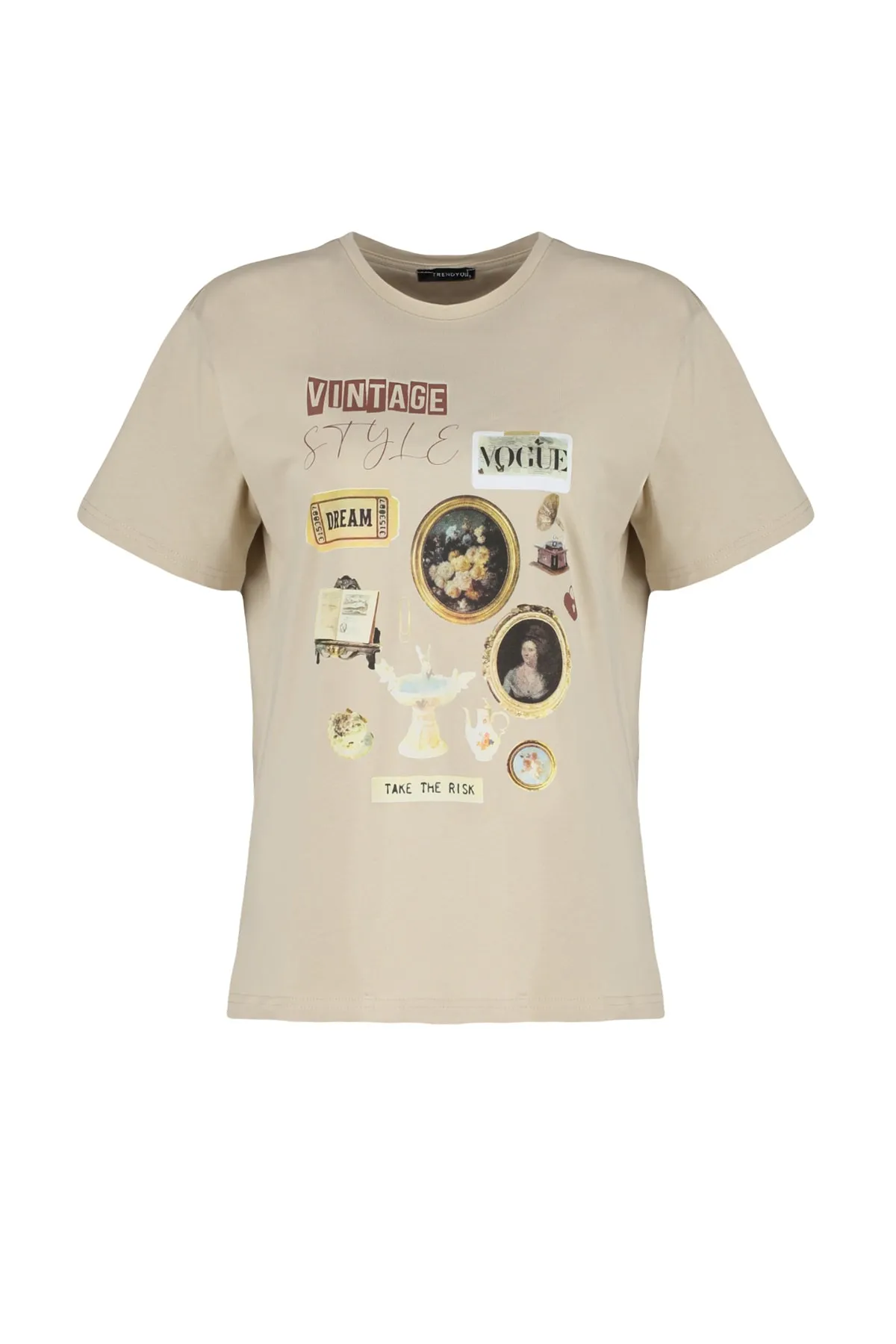 Trendyol Collection  Hochwertiges Stone-Strick-T-Shirt aus 100 % Baumwolle mit Print in Übergröße/weiter Passform und Rundhalsausschnitt TWOSS23TS00282