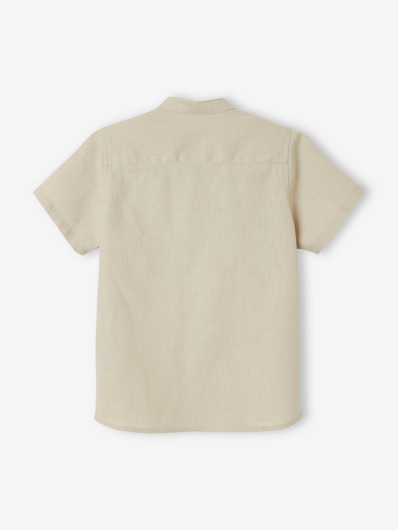 Chemise col Mao garçon en coton/ lin manches courtes beige