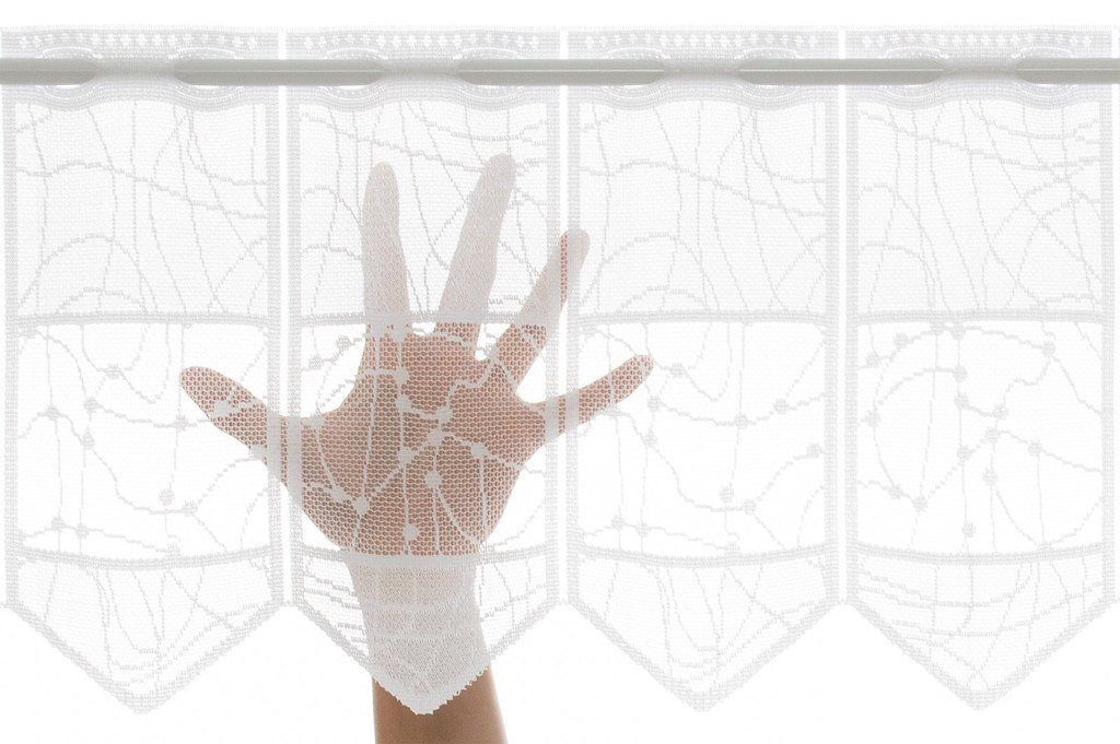 Scheibengardine nach Maß Jacquard mit verschlungen Linien, Gardinen Kranzusch, Stangendurchzug, transparent, Kurzgardine, Wunschmaß, Stablöcher, transparent, verschiedene Höhen