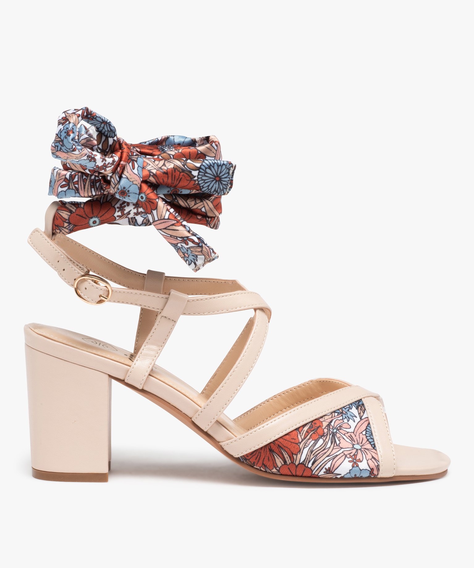 Sandales femme à talon carré et bride foulard beige | GEMO