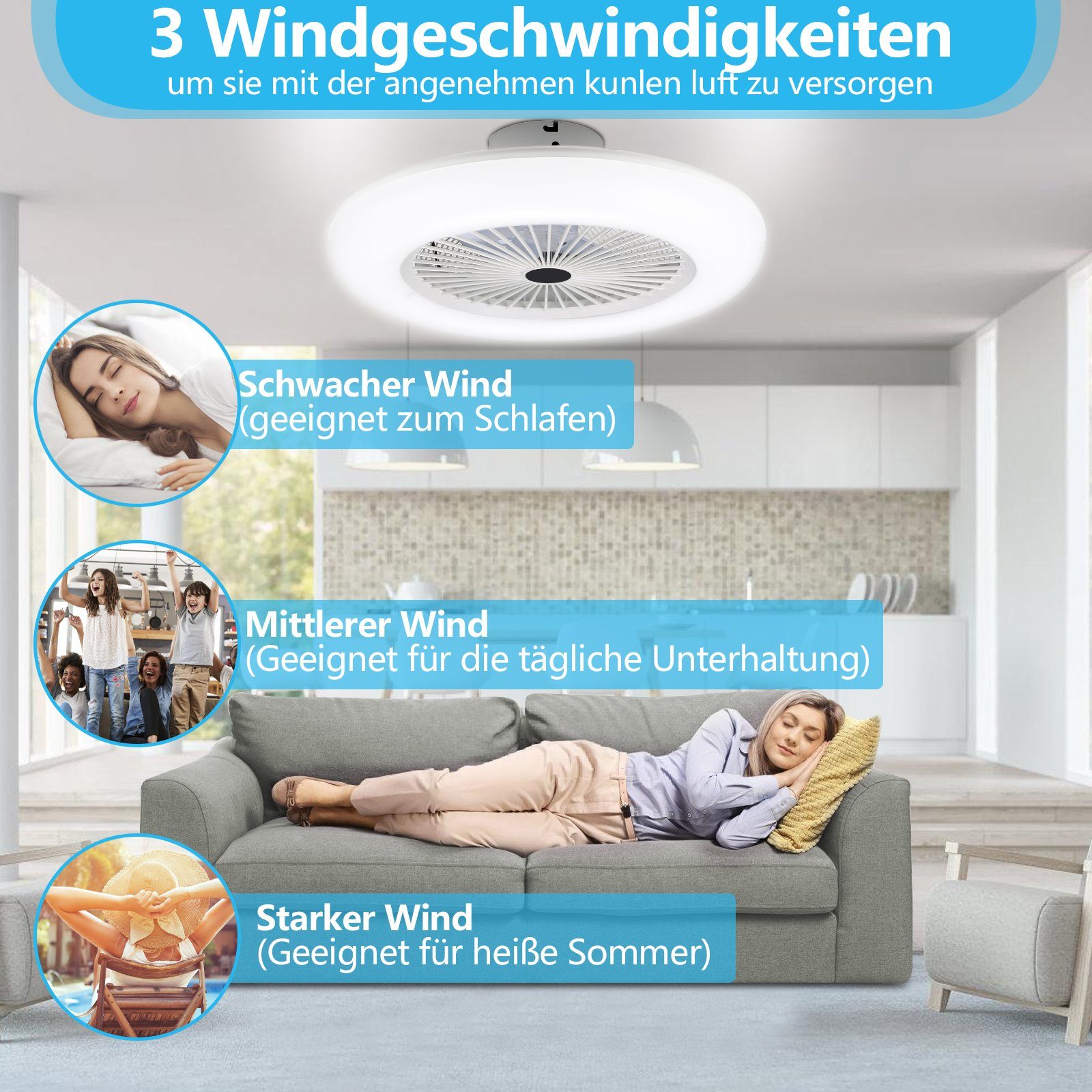 TolleTour Deckenventilator 80W Deckenventilator Lüfter Zimmer Kühler LED Leiser Wohn Ventilator, Mit Fernbedienung und Zeitmessung