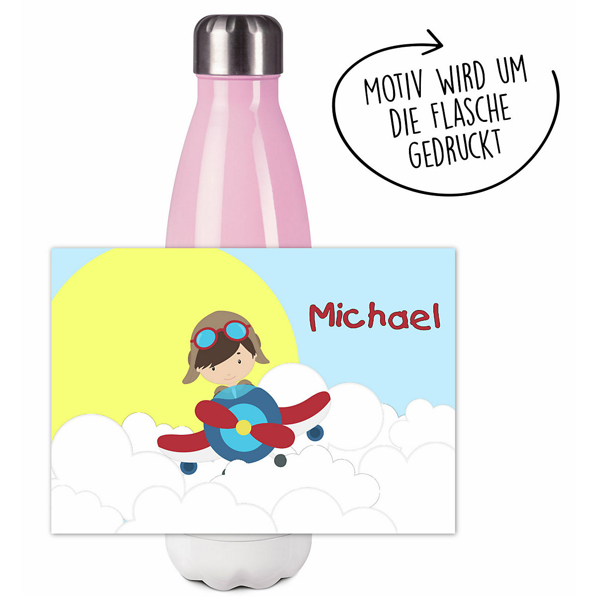 Edelstahl Kinder Thermoflasche / Trinkflasche bunt Flugzeug-Wolken Spülmaschinenfest, Auslaufsicher, Bruchfest, Doppelwandig, Für Heißgetränke geeignet, Mit Deckel, Isoliert