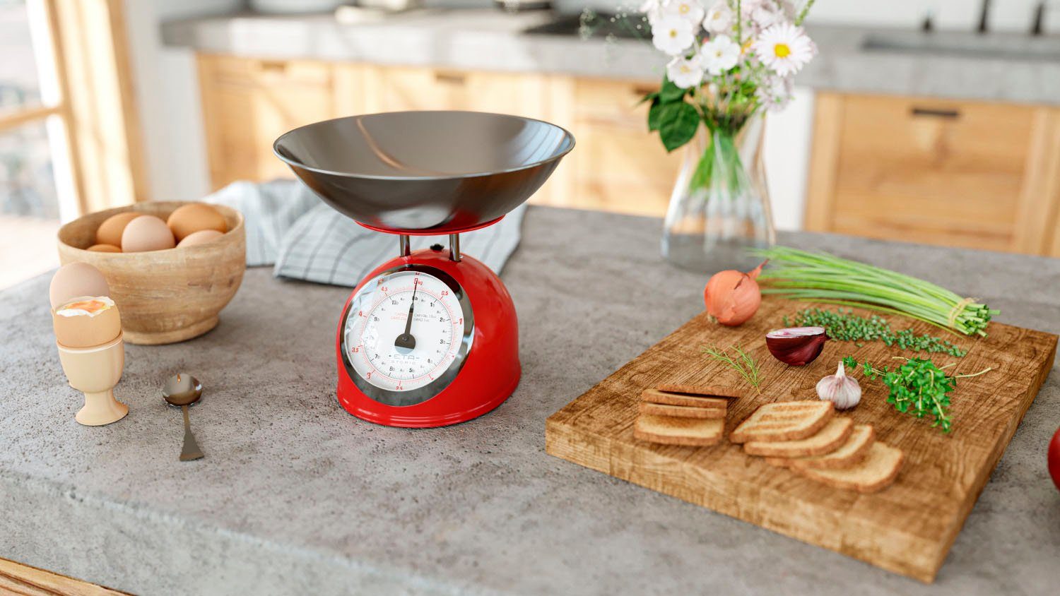 eta Küchenwaage STORIO rot ETA577790030 Retro, (2-tlg), analog, Ganzmetall-Design mit einer Edelstahlschale