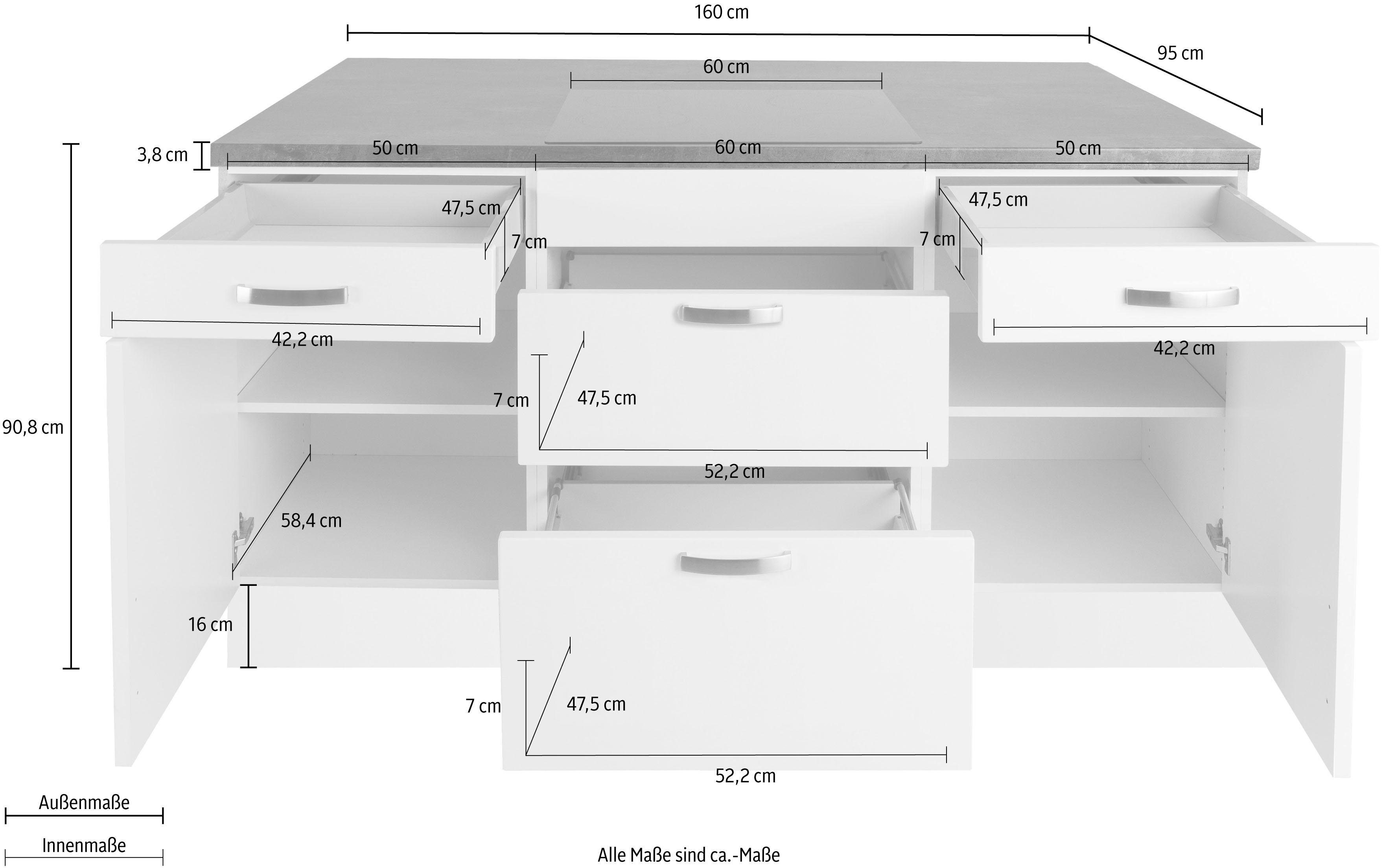 OPTIFIT Kücheninsel Cara, Vollauszüge und Soft-Close-Funktion, Stellbreite 160 x 95 cm