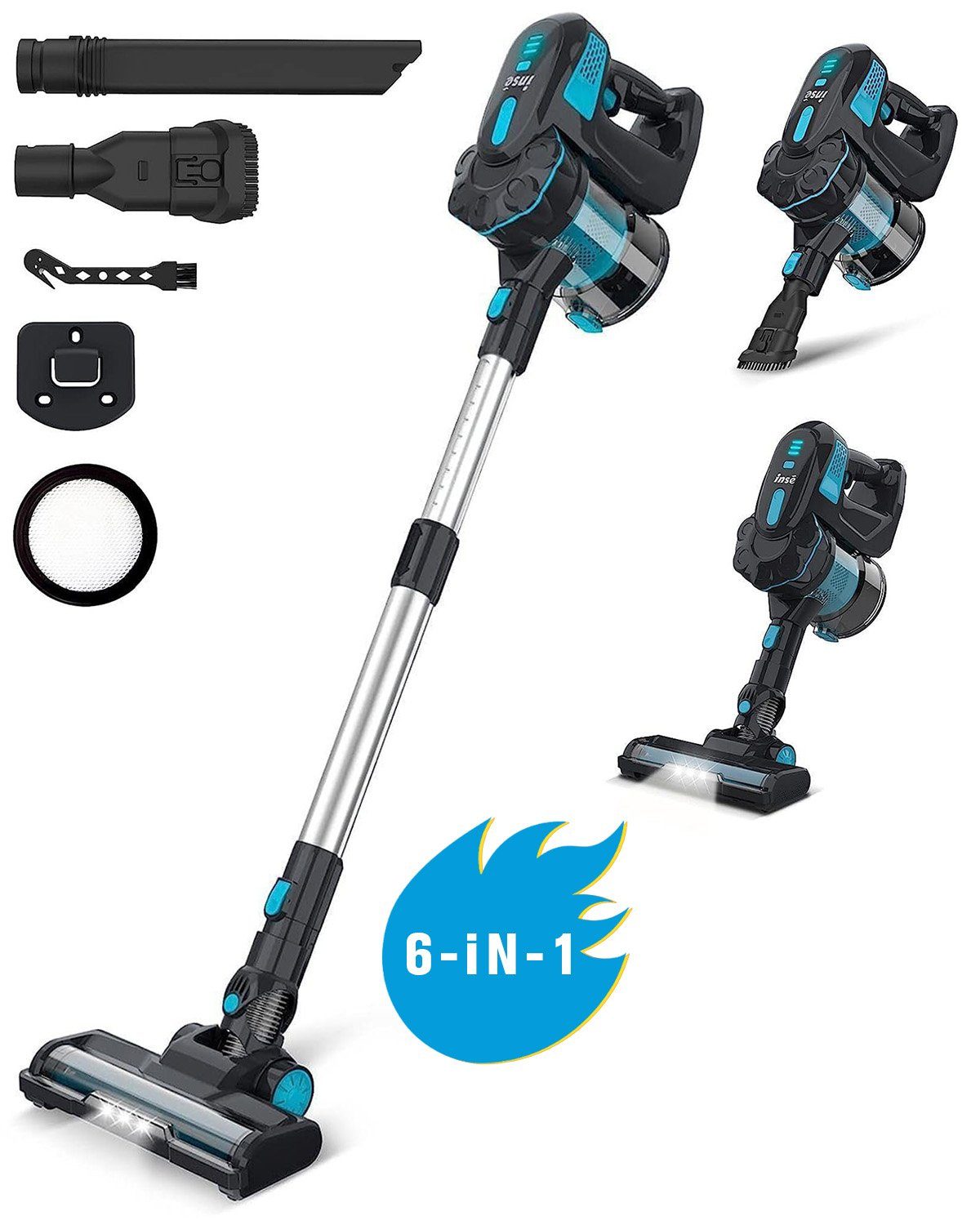 INSE Akku-Hand-und Stielstaubsauger V770, 600W Stielstaubsauger mit Kabel 6M, 20KPA Handstaubsauger