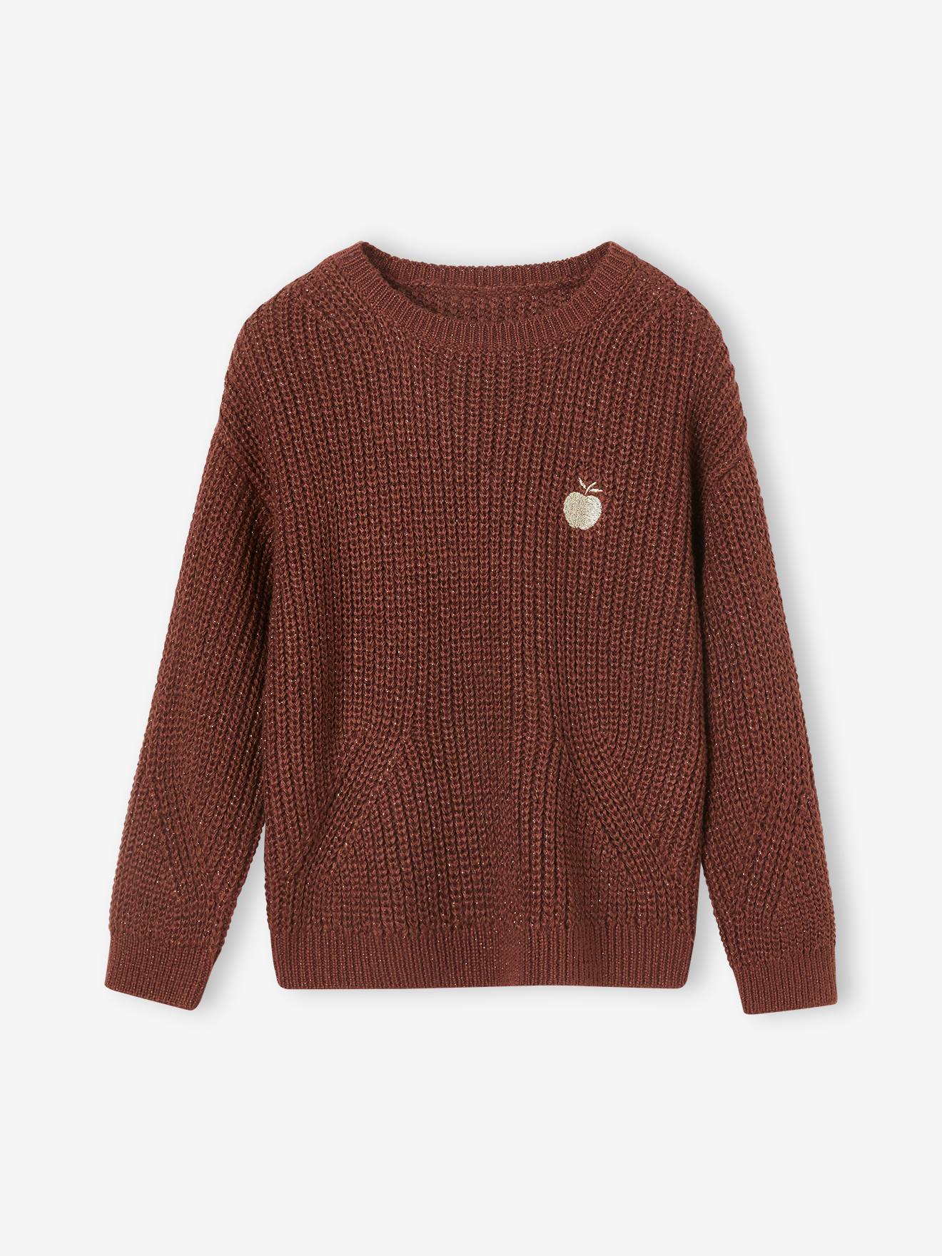 Pull maille perlée animation badge irisé fille écru