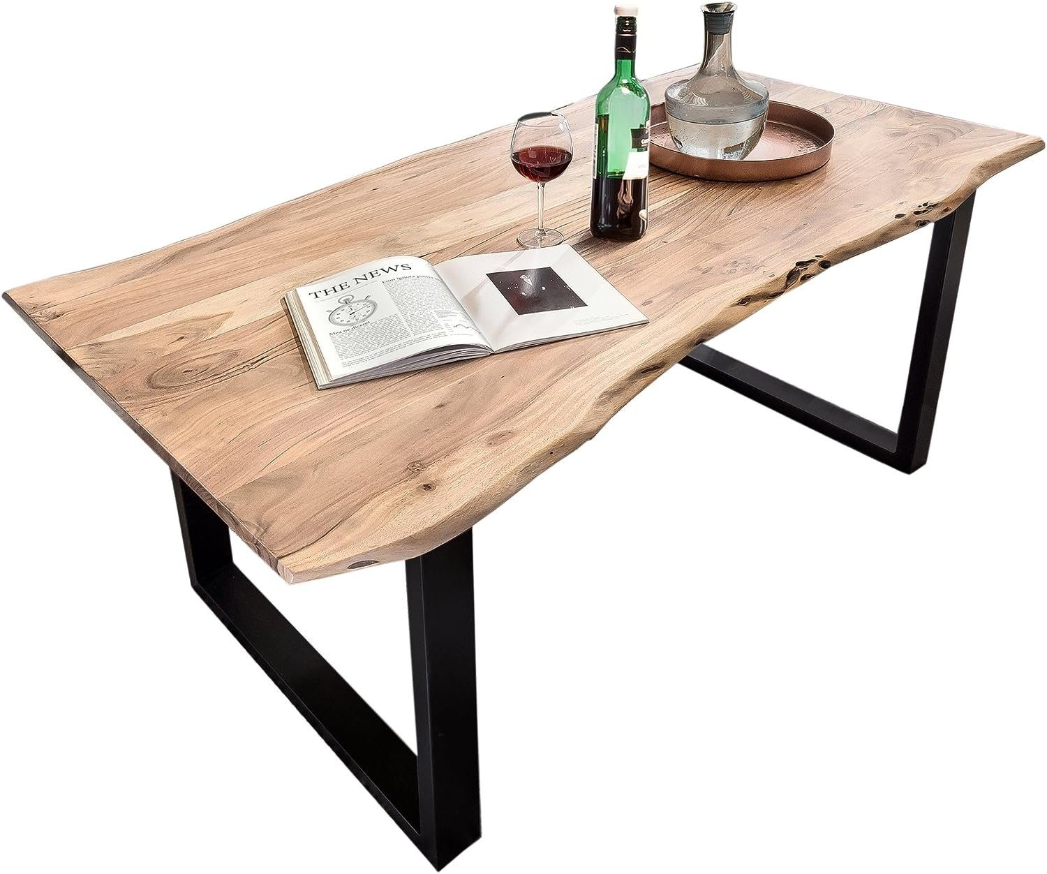 SAM® Essgruppe Quentus, Akazienholz, naturfarben, Baumkante, Metallgestell und 6 Stühle