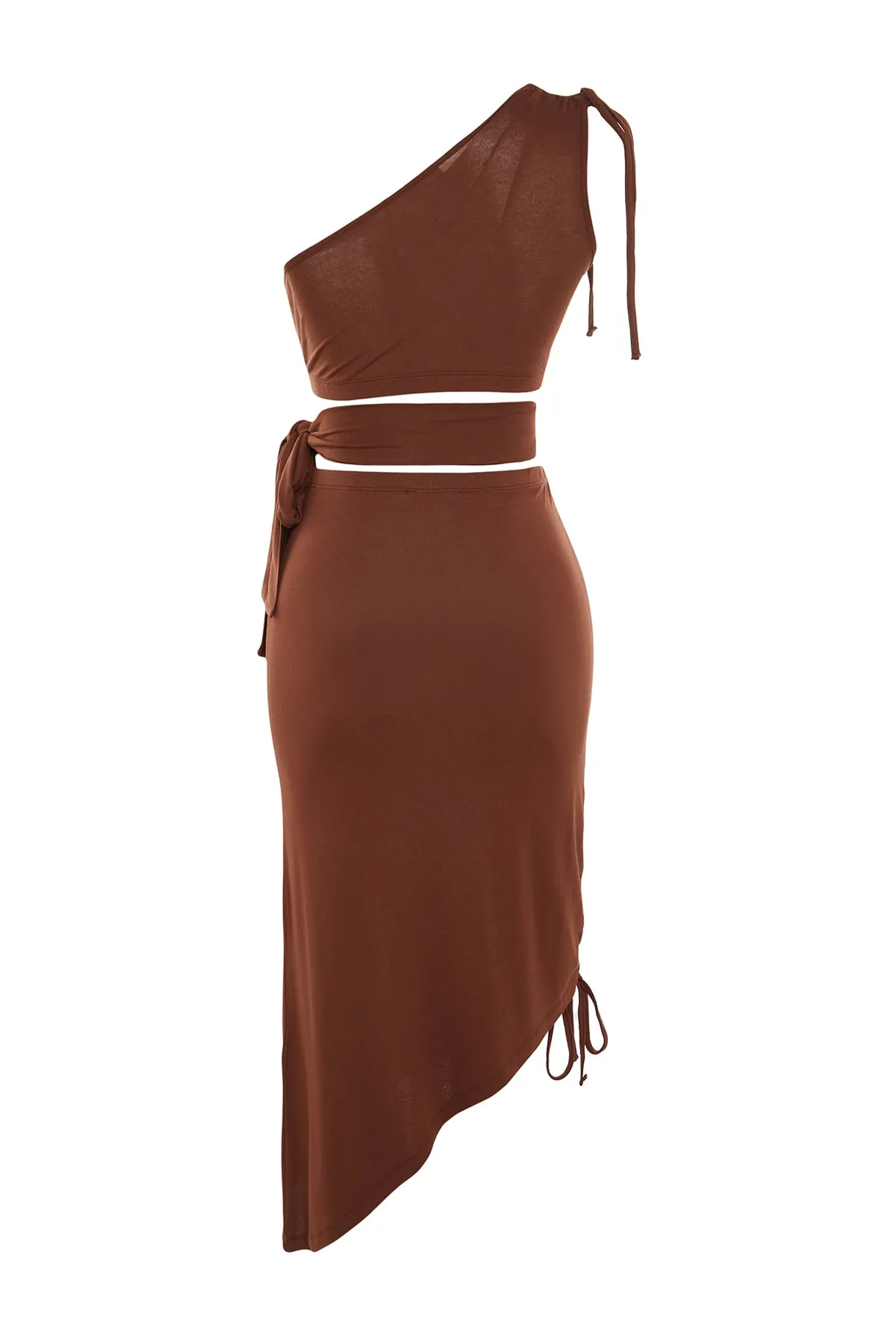 Trendyol Collection  Braunes, gestricktes One-Shoulder-Blusenrock-Set mit Ausschnitt/Fenster TBESS22AU0224