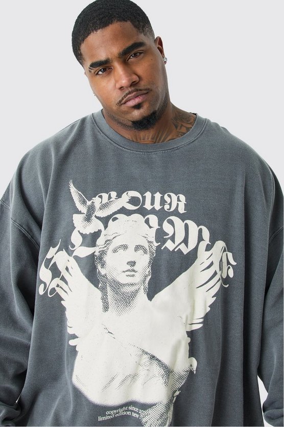 Plus Oversize Sweatshirt mit Acid-Waschung und Homme-Print