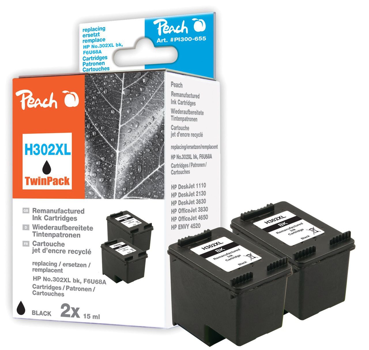 Peach 2 x Druckköpfe schwarz ersetzt HP No. 302XL bk*2