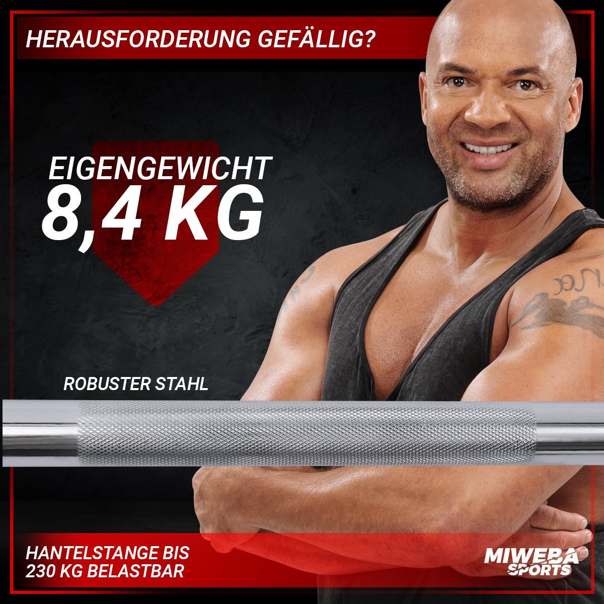 Miweba Sports Langhantelstange Profi Langhantel Stange LH300 inkl. Sternverschlüsse, Stahl, 150,00 cm (Workout, Training, Ganzkörpertraining, Muskelaufbau, Krafttraining, Hanteltraining, 3-tlg., Ø30mm, 150.0 x 6.7 x 6.7 cm, 230 kg max. Belastung, Sta