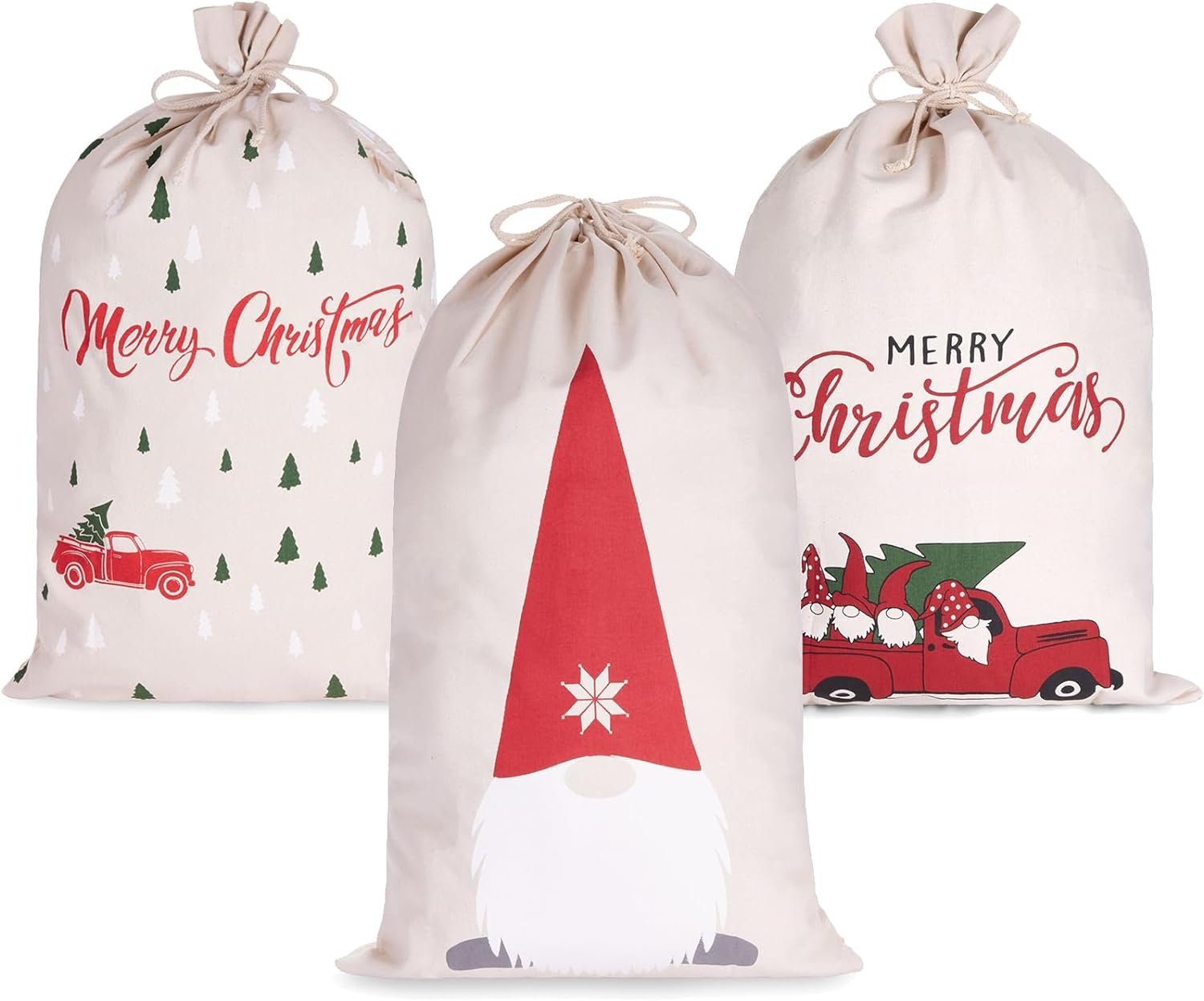 BRUBAKER Aufbewahrungstasche 3er Set Weihnachtssack - 80 cm Geschenksack (Weihnachtsdekoration Sack aus Jute und Baumwolle, 3-tlg., Weihnachtliche Motive), Nikolausbeutel zum Befüllen und Verpacken von Geschenken
