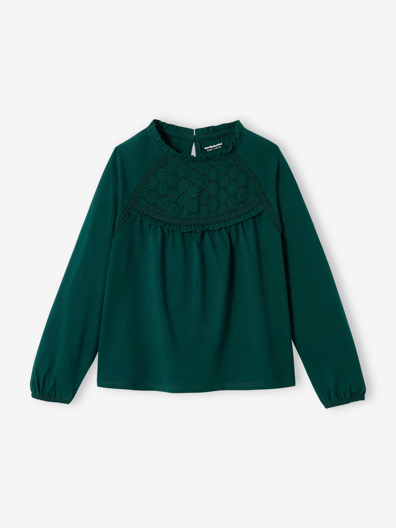 Tee-shirt blouse détail en broderie anglaise fille rose poudré