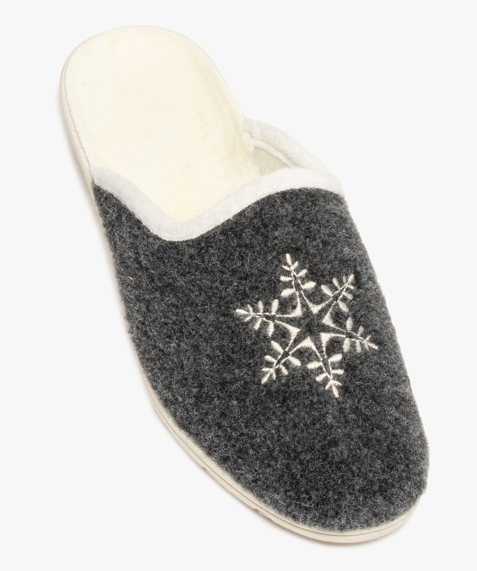 Chaussons femme confort mules en feutrine brodée flocon gris | GEMO
