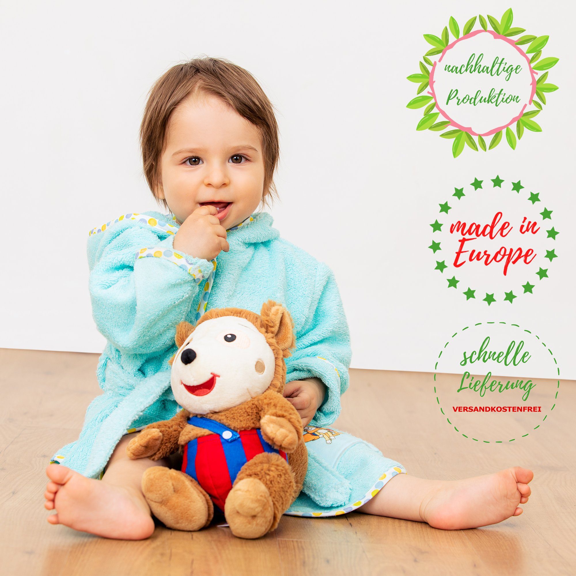 Smithy Kinderbademantel mit Bobo Siebenschläfer, Velours-Frottee, Kapuze, Gürtel, Knöpfe, made in Europe