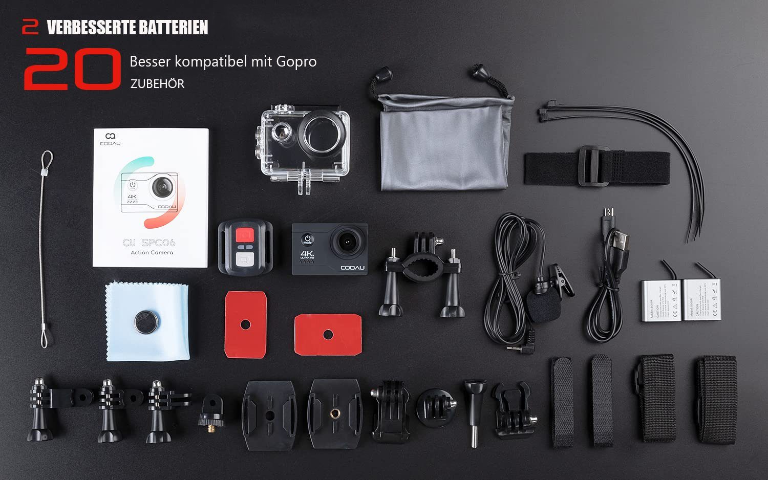 COOAU Action Cam 4K 30fps WiFi Kamera 20MP 170° Weitwinkel Time Lapse Action Cam (4K Ultra HD, 2,4G WLAN (Wi-Fi), mit 32GB SD Karte,EIS Bildstabilisator 170° Weitwinkel Time Lapse, Externem Mikrofon, 2.4G Fernbedienung, Zubehör Kit)