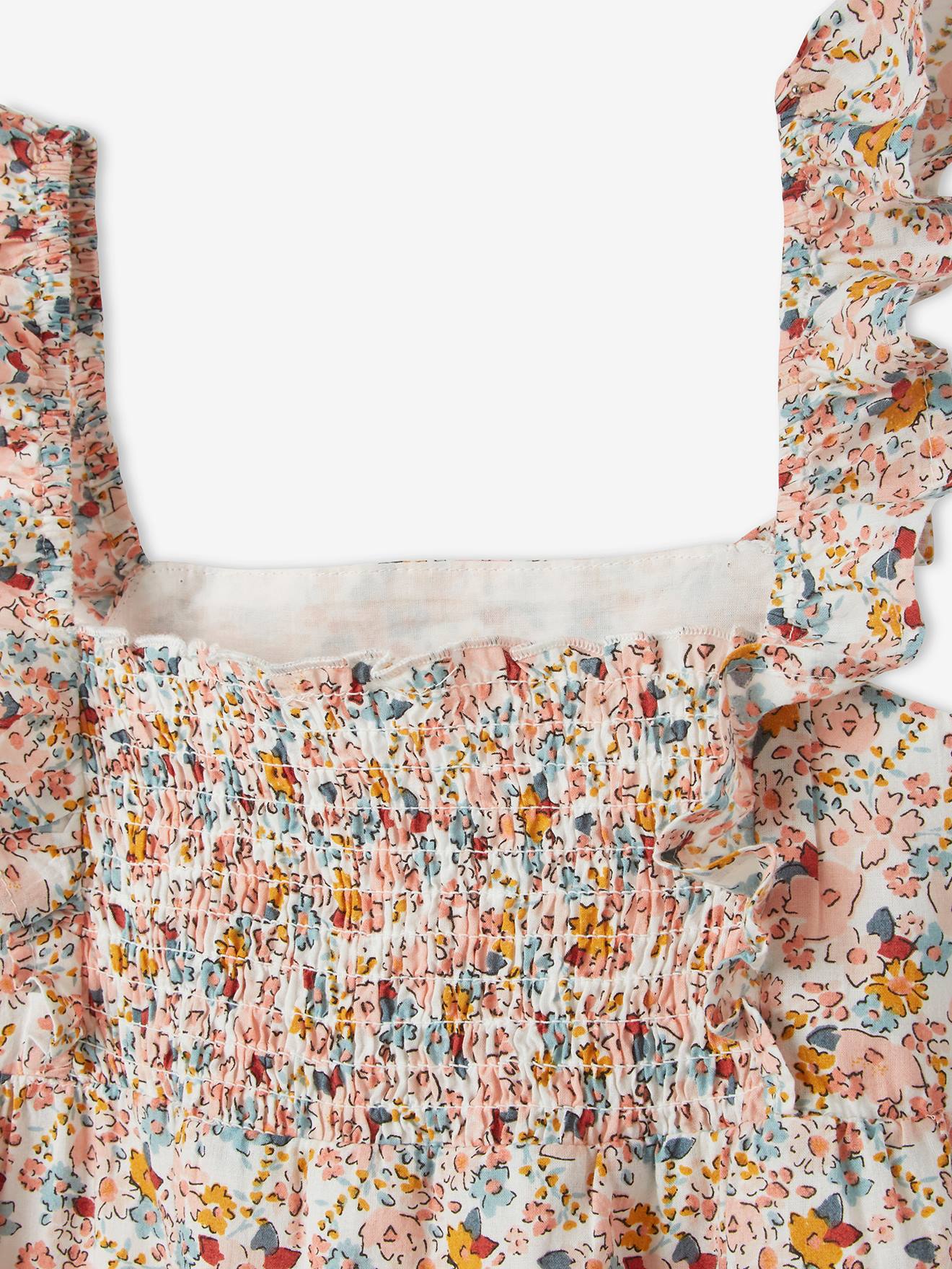 Robe à bretelle volantées fille ecru imprimé fleurs bleues