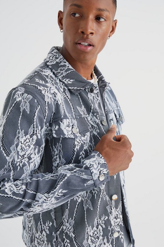 Jeansjacke mit Spitzen-Overlay