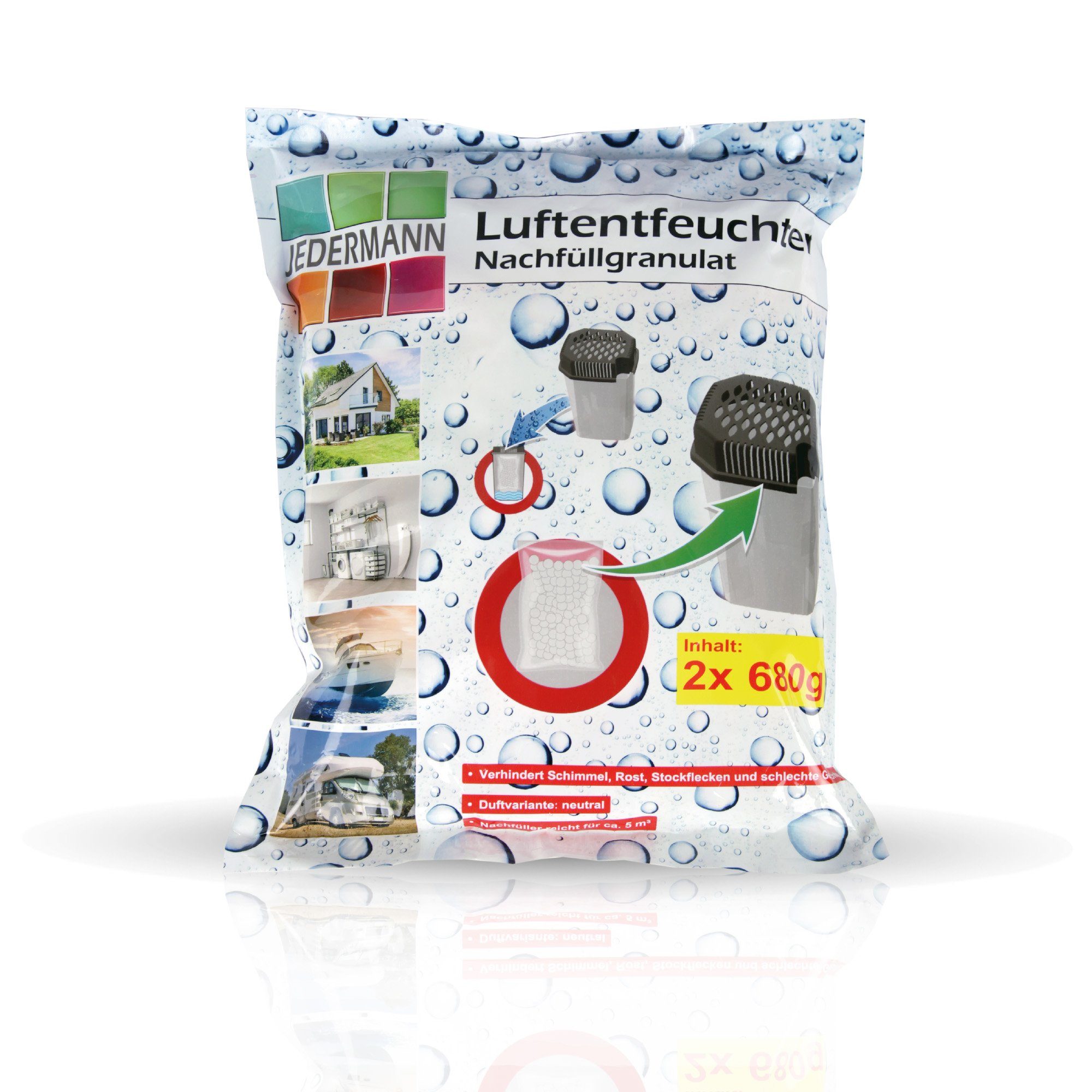 Bestlivings Luftentfeuchter Raumentfeuchter mit Ausgießfunktion, für 55 m³ Räume, Tank 0,50 l, Raumentfeuchter inkl. Granulat - Entfeuchter wiederverwendbar