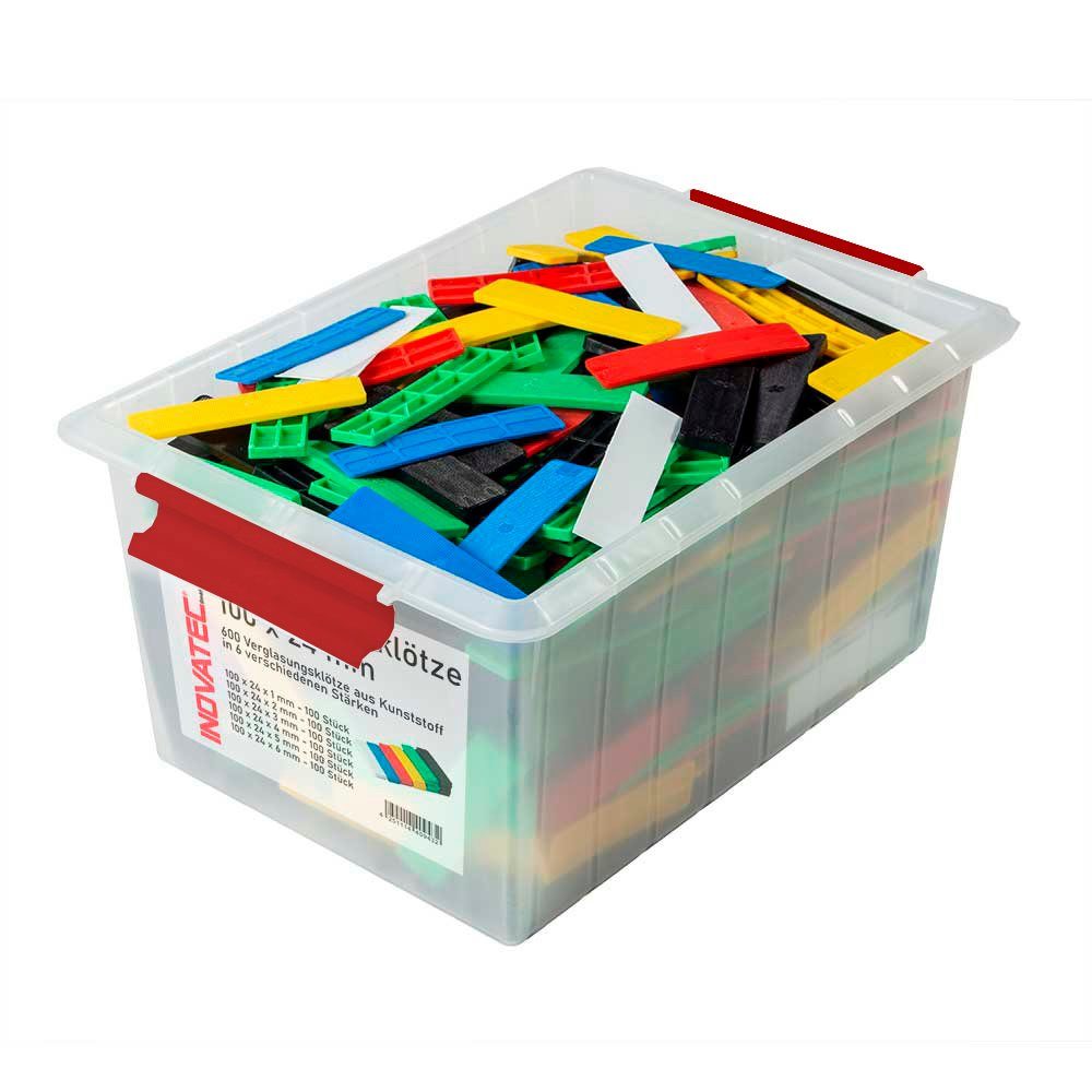 Inovatec Unterlegplatte 600 x Kunststoff Verglasungsklötze 100 x 24 x 1 - 6 mm Montage Trageklötze Mix in praktischer wiederverwendbarer Box mit Deckel und Clips
