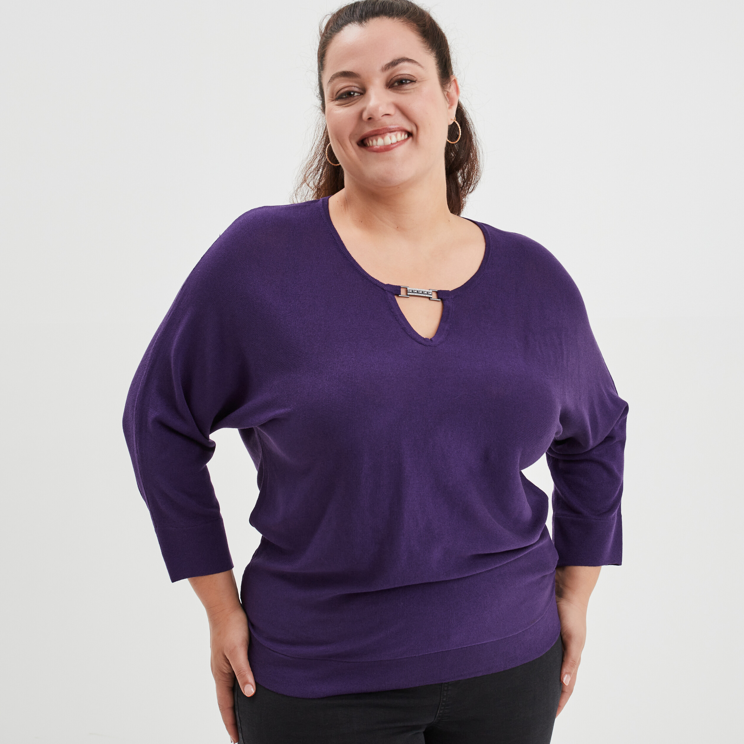 Pull manches chauve-souris détail bijou violet femme grande taille | La Halle