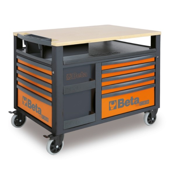 Mobilna delovna miza Beta 028003001 SuperTank z leseno delovno površino in 10 predali, 588x367 mm - oranžna