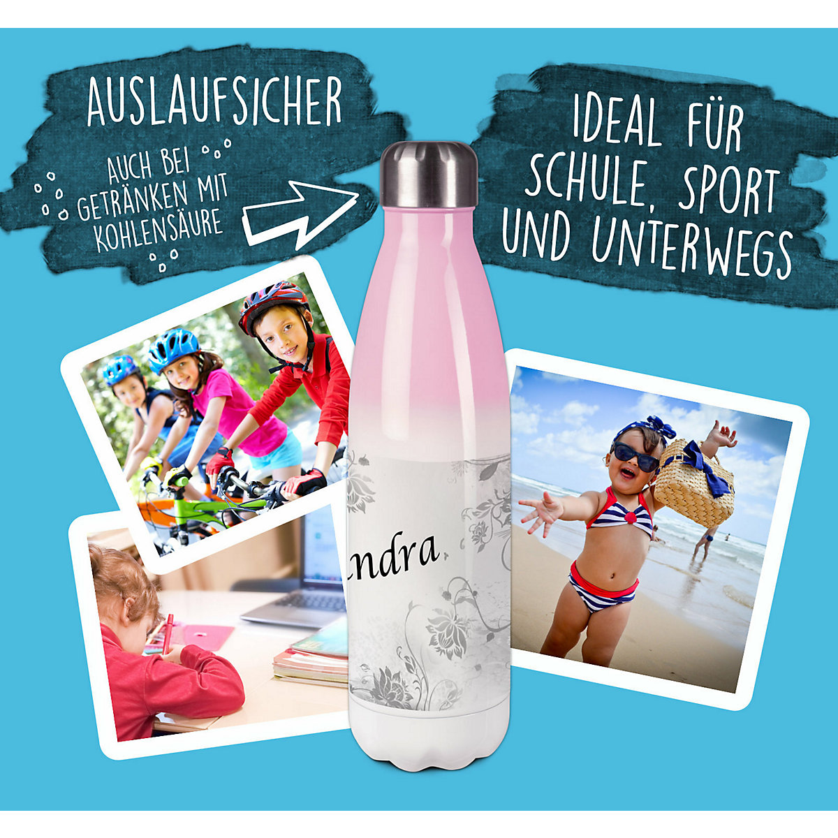 Edelstahl Kinder Thermoflasche / Trinkflasche bunt Blumenranke Farbe grau Spülmaschinenfest, Auslaufsicher, Bruchfest, Doppelwandig, Für Heißgetränke geeignet, Mit Deckel, Isoliert