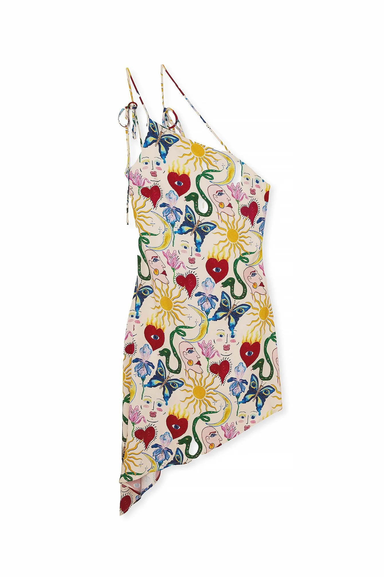 Schräges Minikleid mit unterschiedlichen Motiven