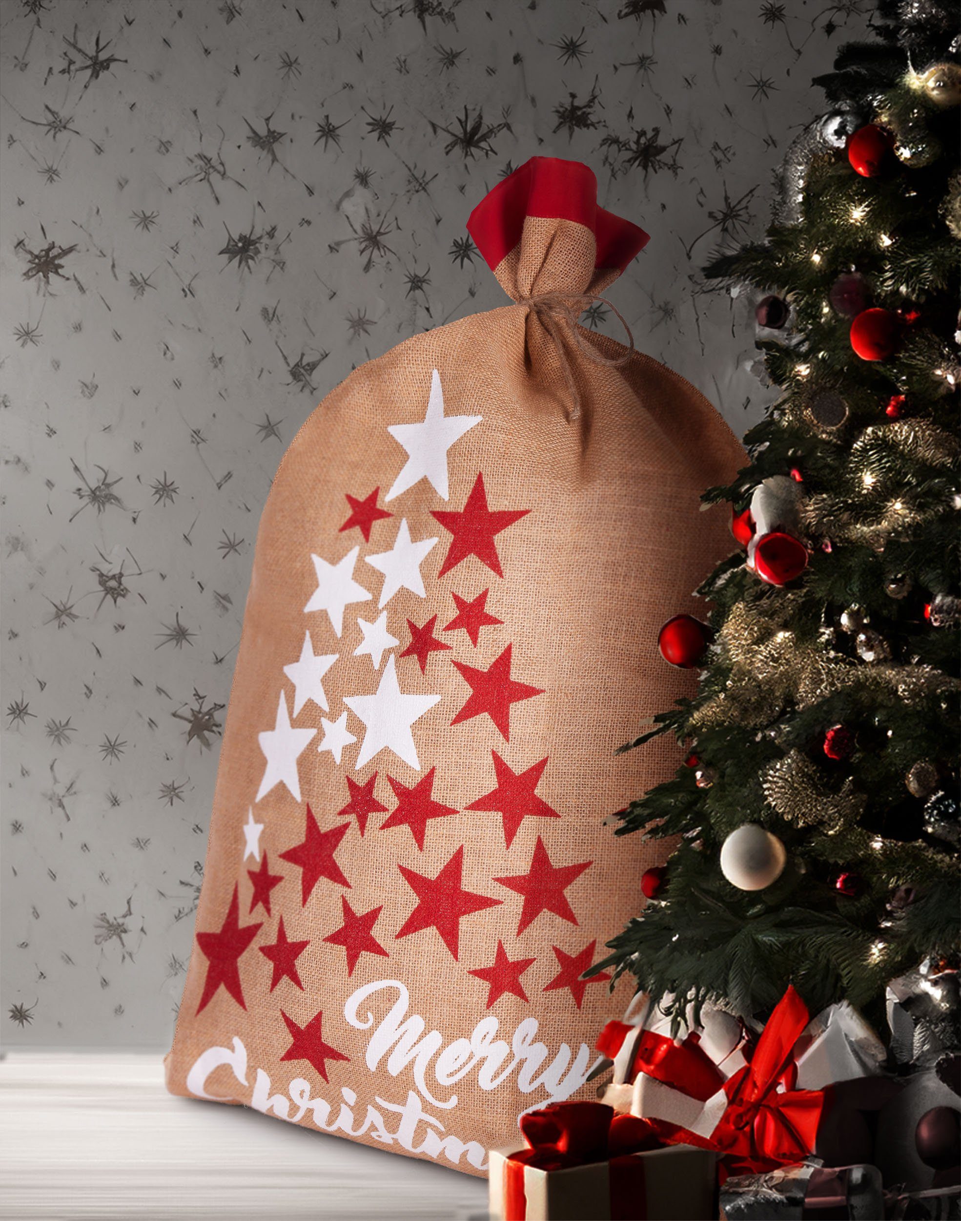 BRUBAKER Aufbewahrungstasche Weihnachtssack Sterne Weiß Rot - Merry Christmas - 80 cm Geschenksack (Weihnachten, 1-tlg., Jutesack), Nikolaussack Jutebeutel Sack mit Kordel zum Verpacken von Geschenken