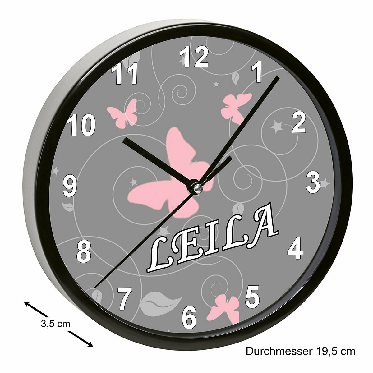 Kinder Wanduhr personalisiert mit Name Schmetterling Ornamente pink weiß grau