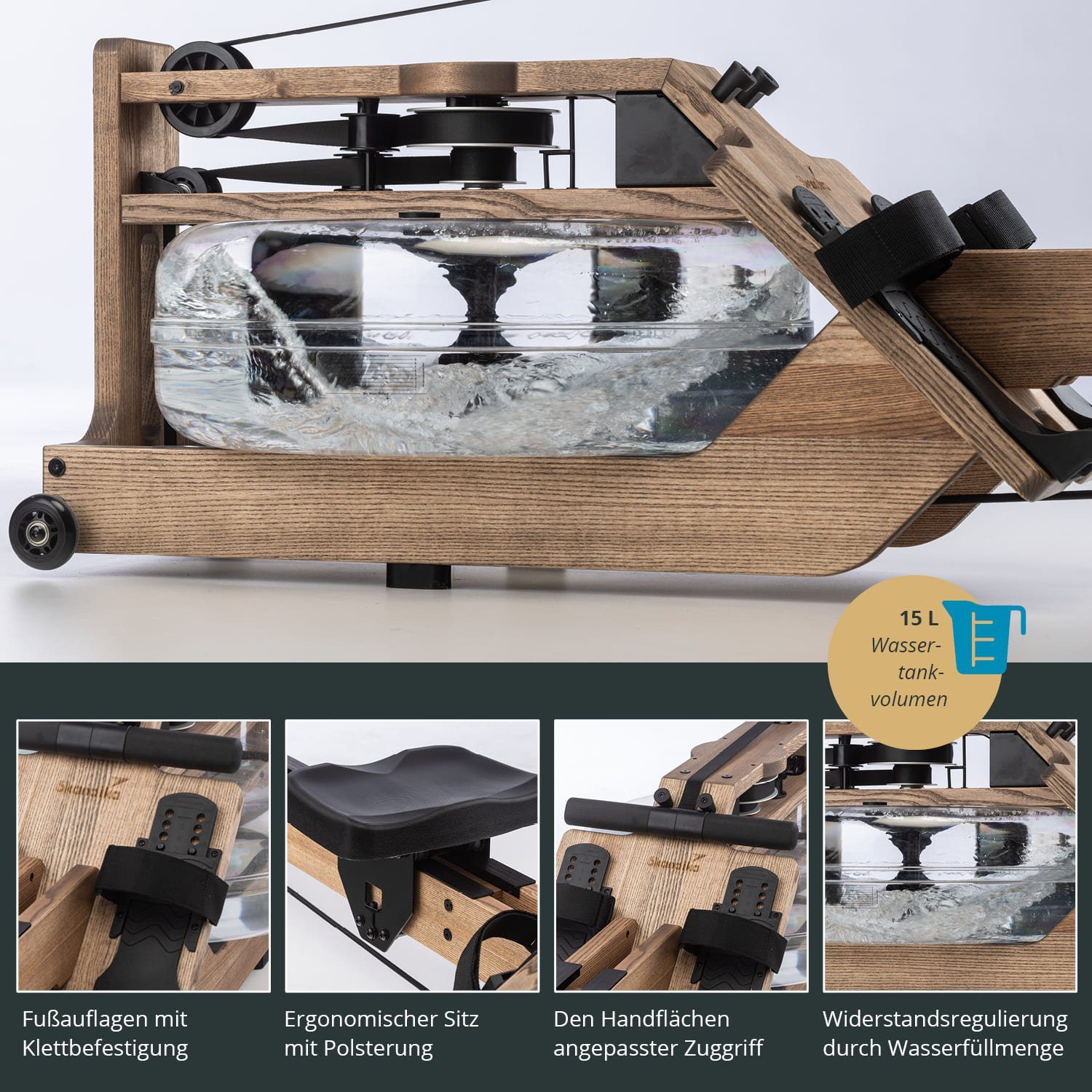 Skandika Rudergerät SKANDIKA Styrke (karamellbraun/schwarz), Rudergerät Wasser aus Holz, Wasserrudergerät für Zuhause, Esche