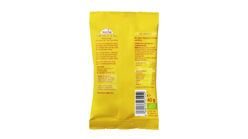 FruchtBar – Bio-Hafer-Häppchen Apfel, Birne, Hafer 40 g