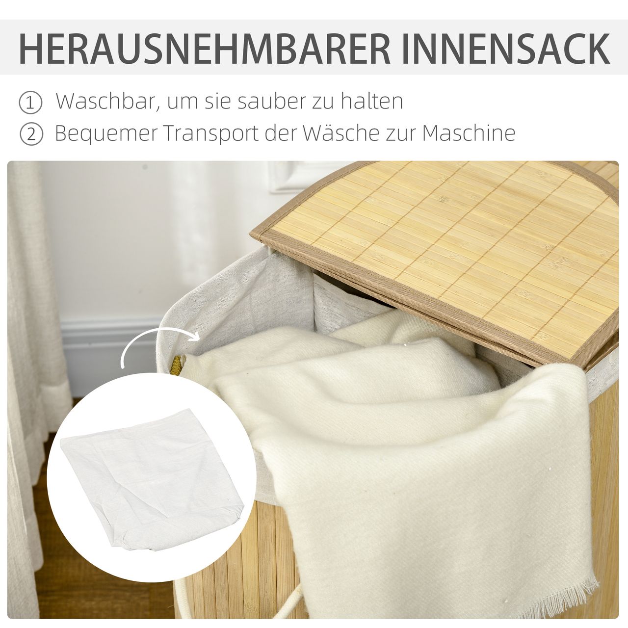 HOMCOM Wäschekorb 100L Wäschebox mit Deckel, Griff, 2 Abschnitten Bambus Natur